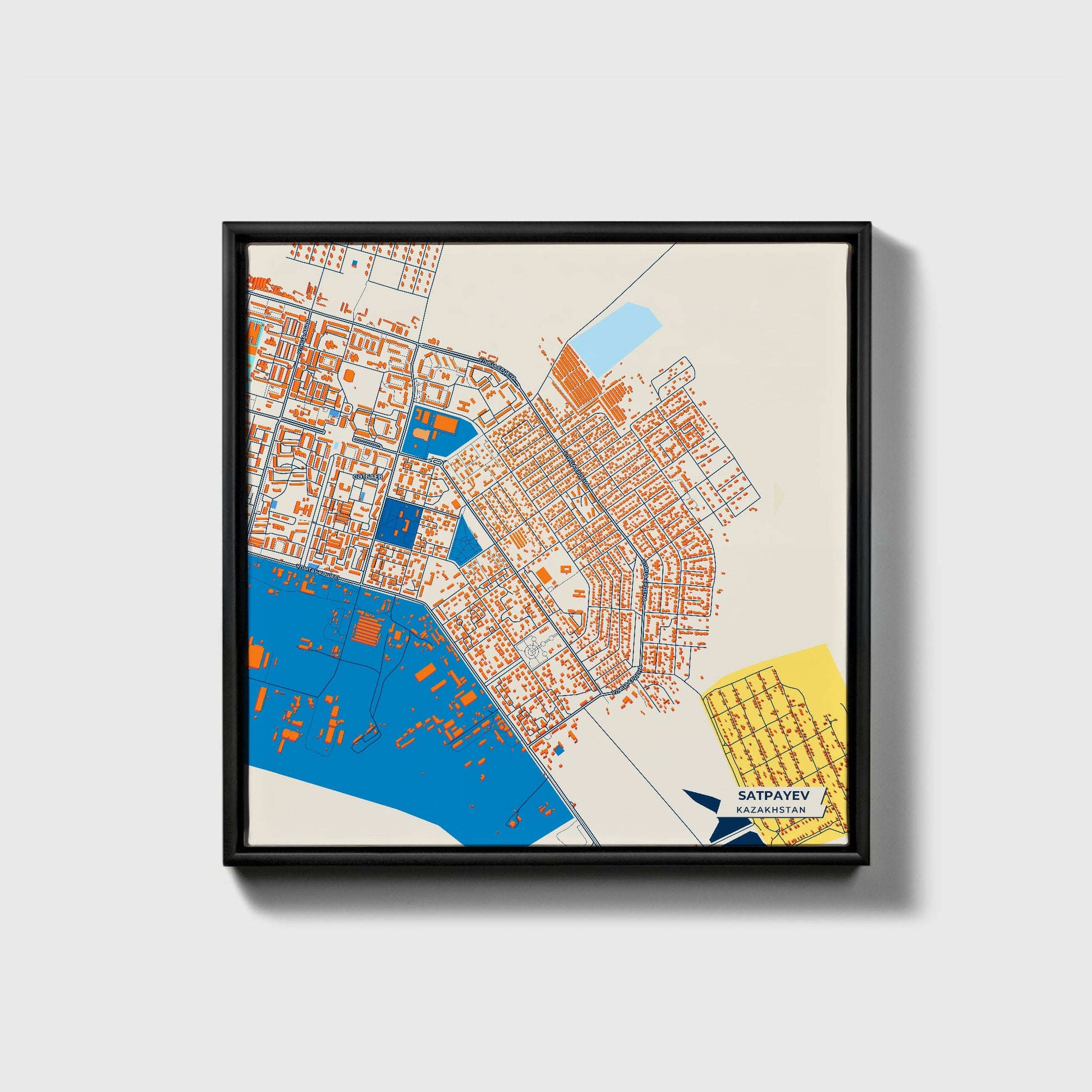 Satpayev Kazakhstan Colorful City Map Canvas Print • Black Framed