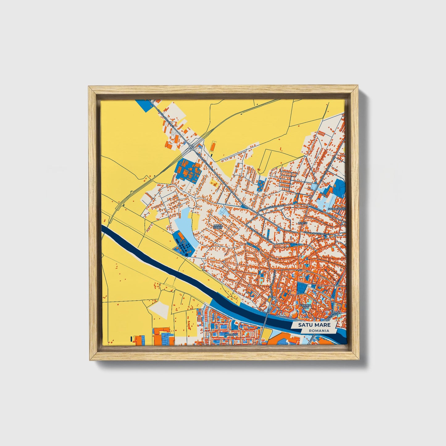 Satu Mare Romania Colorful City Map Canvas Print • Natural Wooden Framed