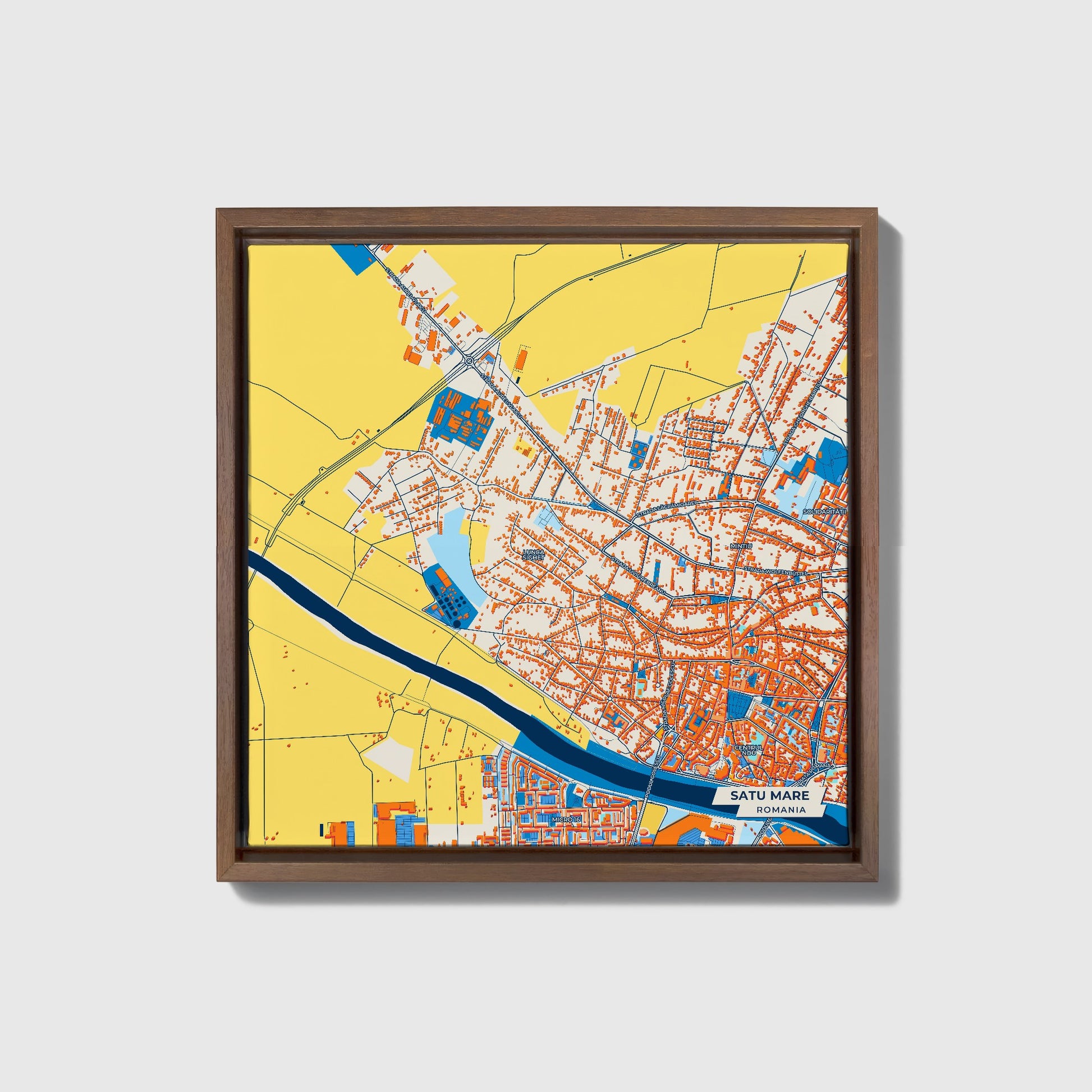 Satu Mare Romania Colorful City Map Canvas Print • Dark Wooden Framed