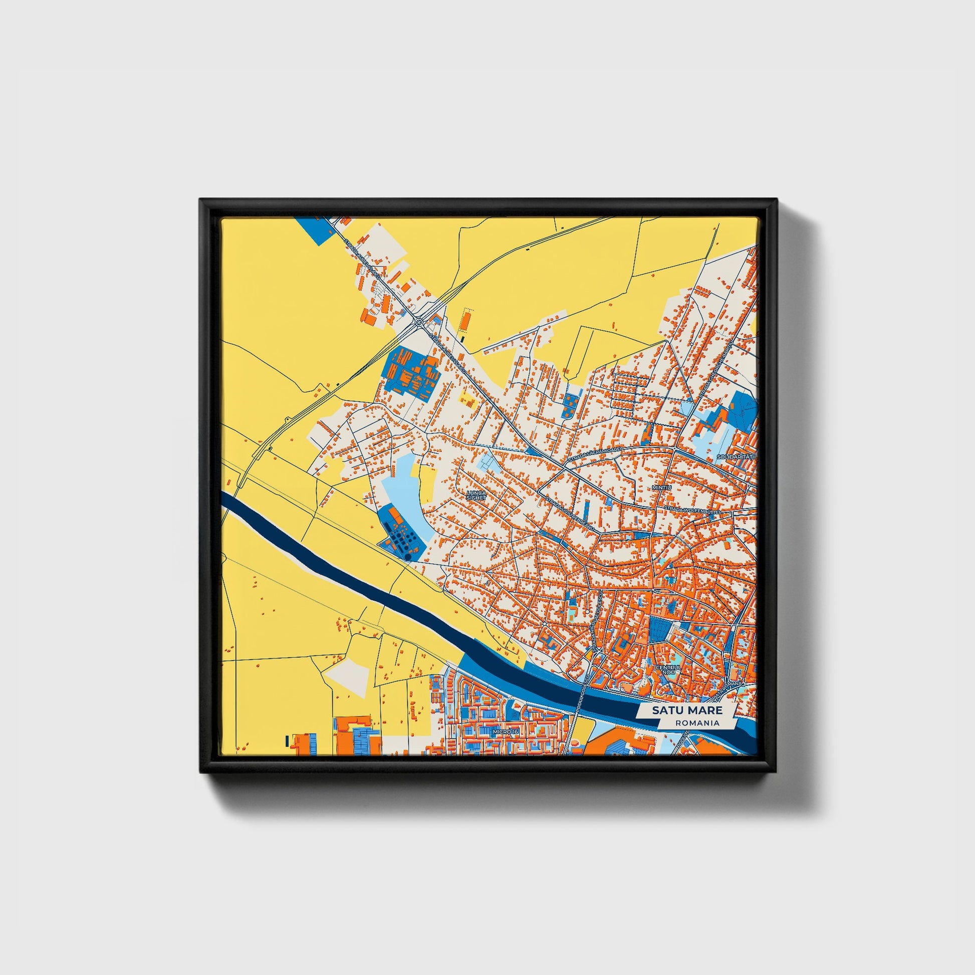 Satu Mare Romania Colorful City Map Canvas Print • Black Framed