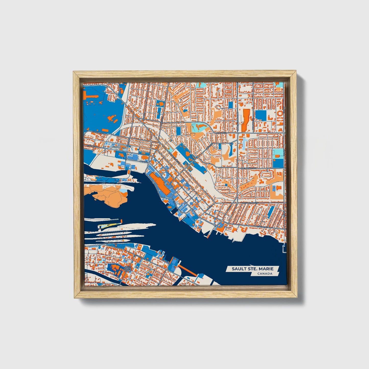 Sault Ste. Marie Canada Colorful City Map Canvas Print • Natural Wooden Framed