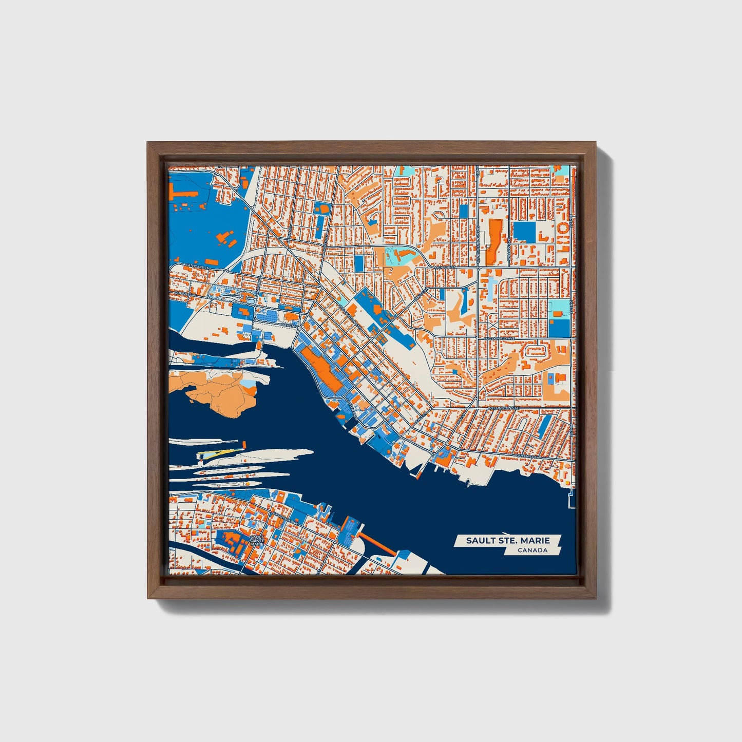 Sault Ste. Marie Canada Colorful City Map Canvas Print • Dark Wooden Framed