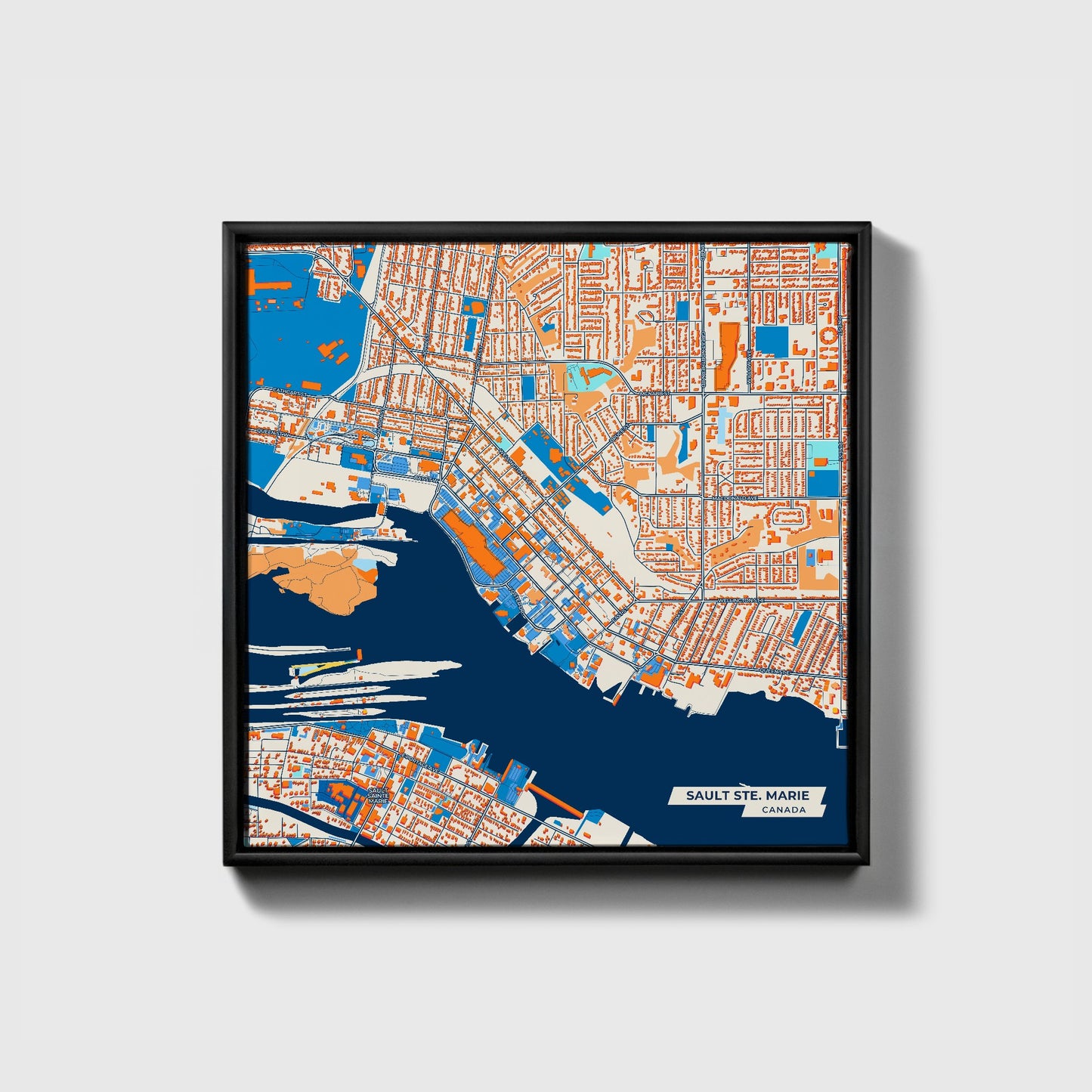 Sault Ste. Marie Canada Colorful City Map Canvas Print • Black Framed