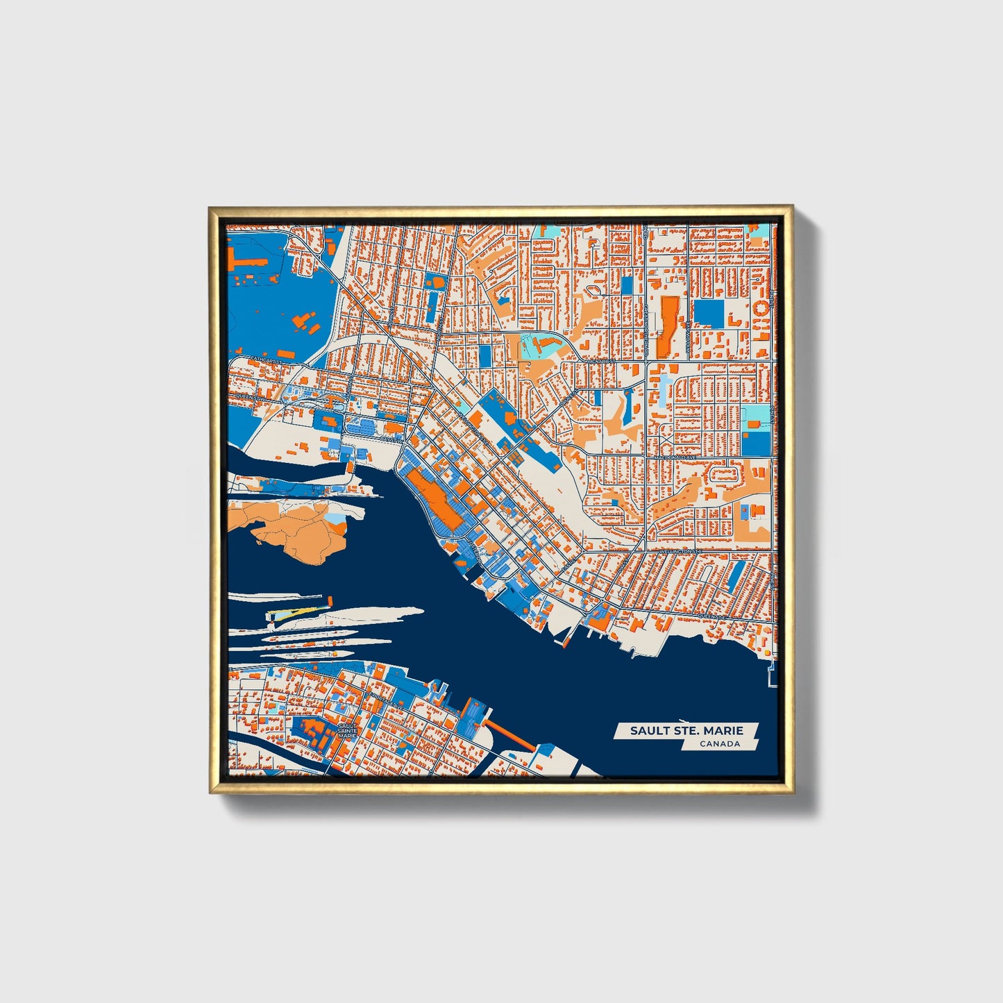 Sault Ste. Marie Canada Colorful City Map Canvas Print • Gold Framed