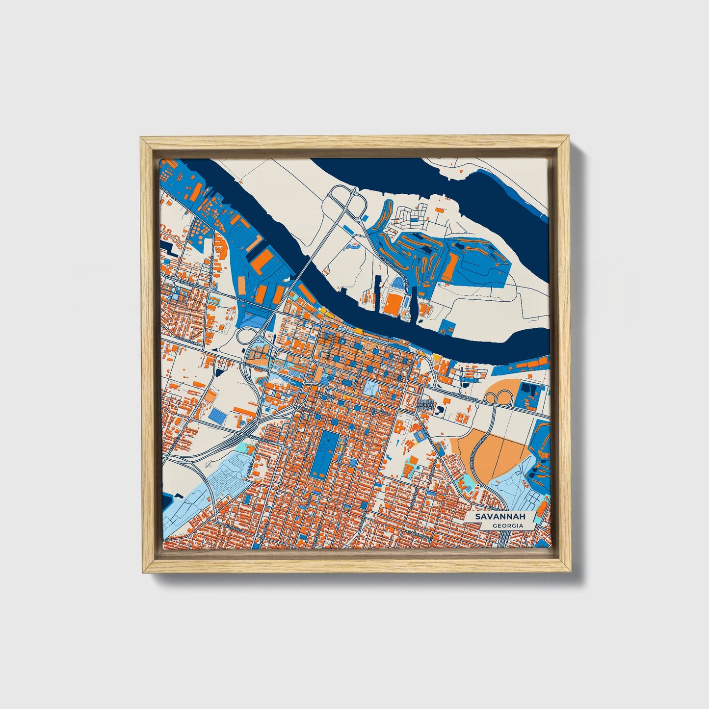 Savannah Georgia Colorful City Map Canvas Print • Natural Wooden Framed