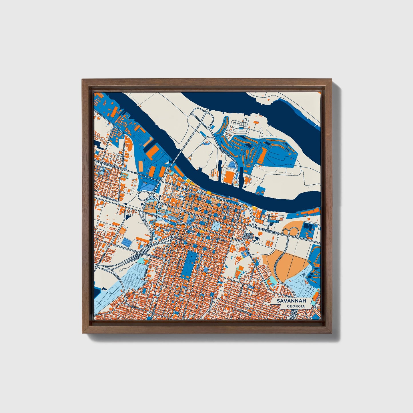 Savannah Georgia Colorful City Map Canvas Print • Dark Wooden Framed