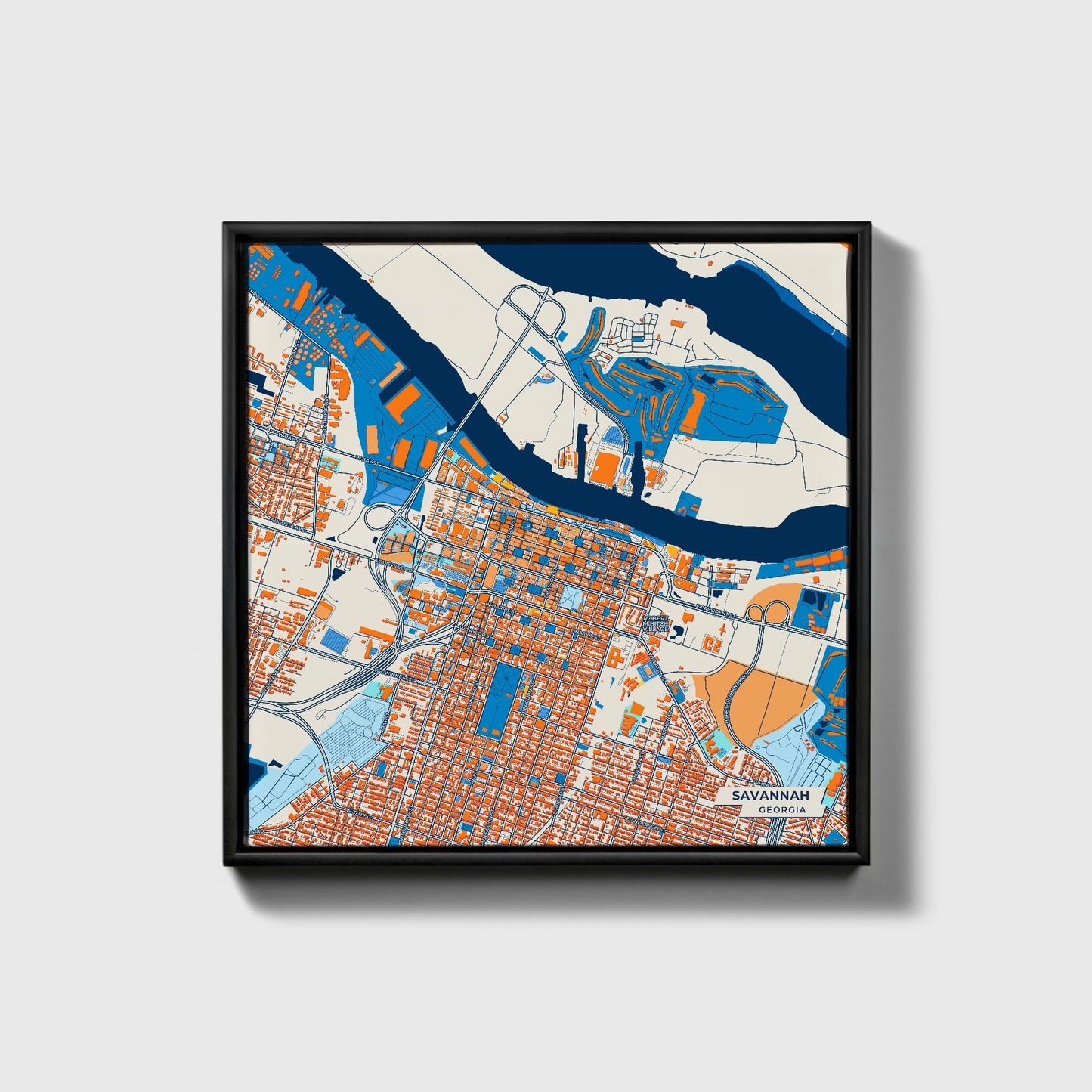 Savannah Georgia Colorful City Map Canvas Print • Black Framed