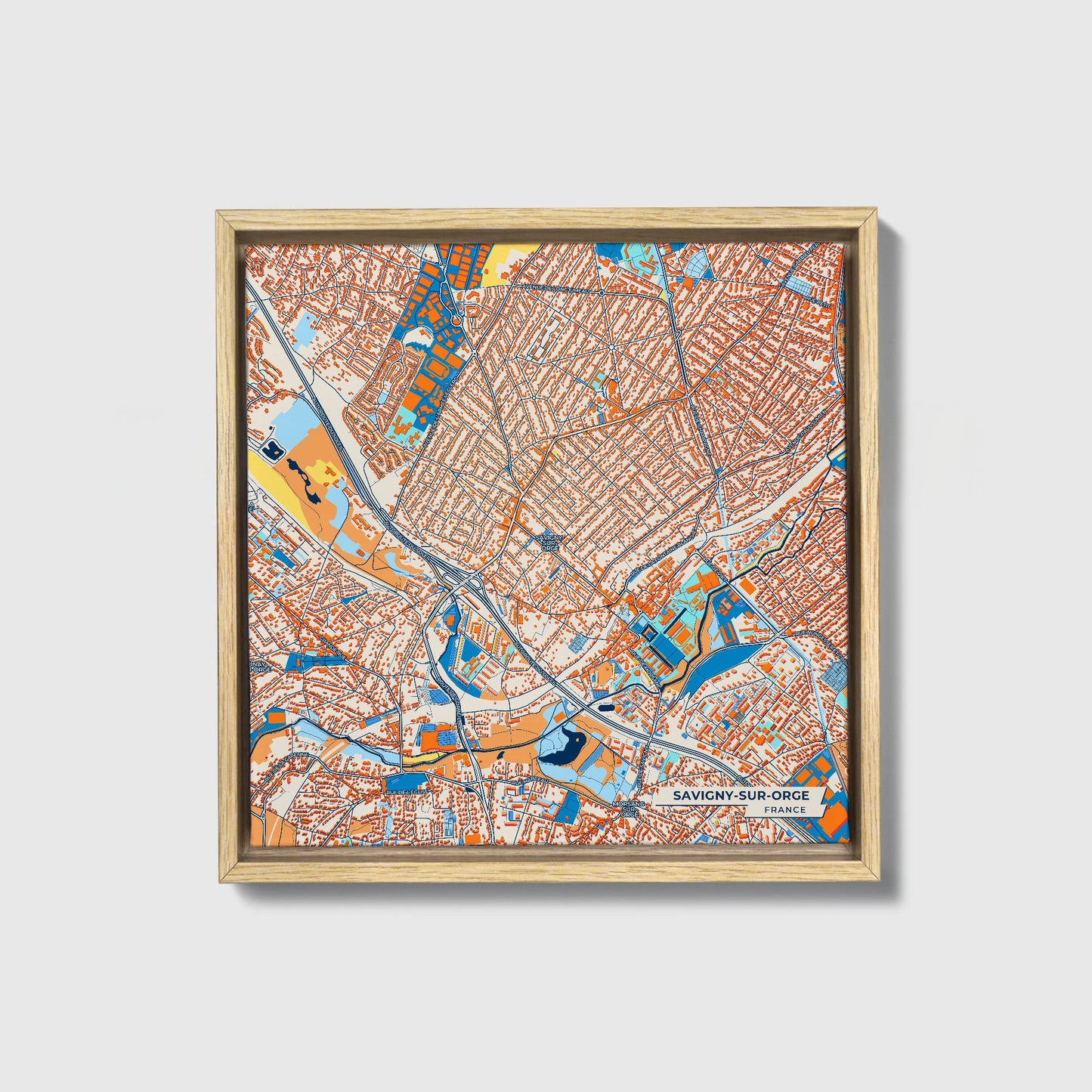 Savigny-Sur-Orge France Colorful City Map Canvas Print • Natural Wooden Framed