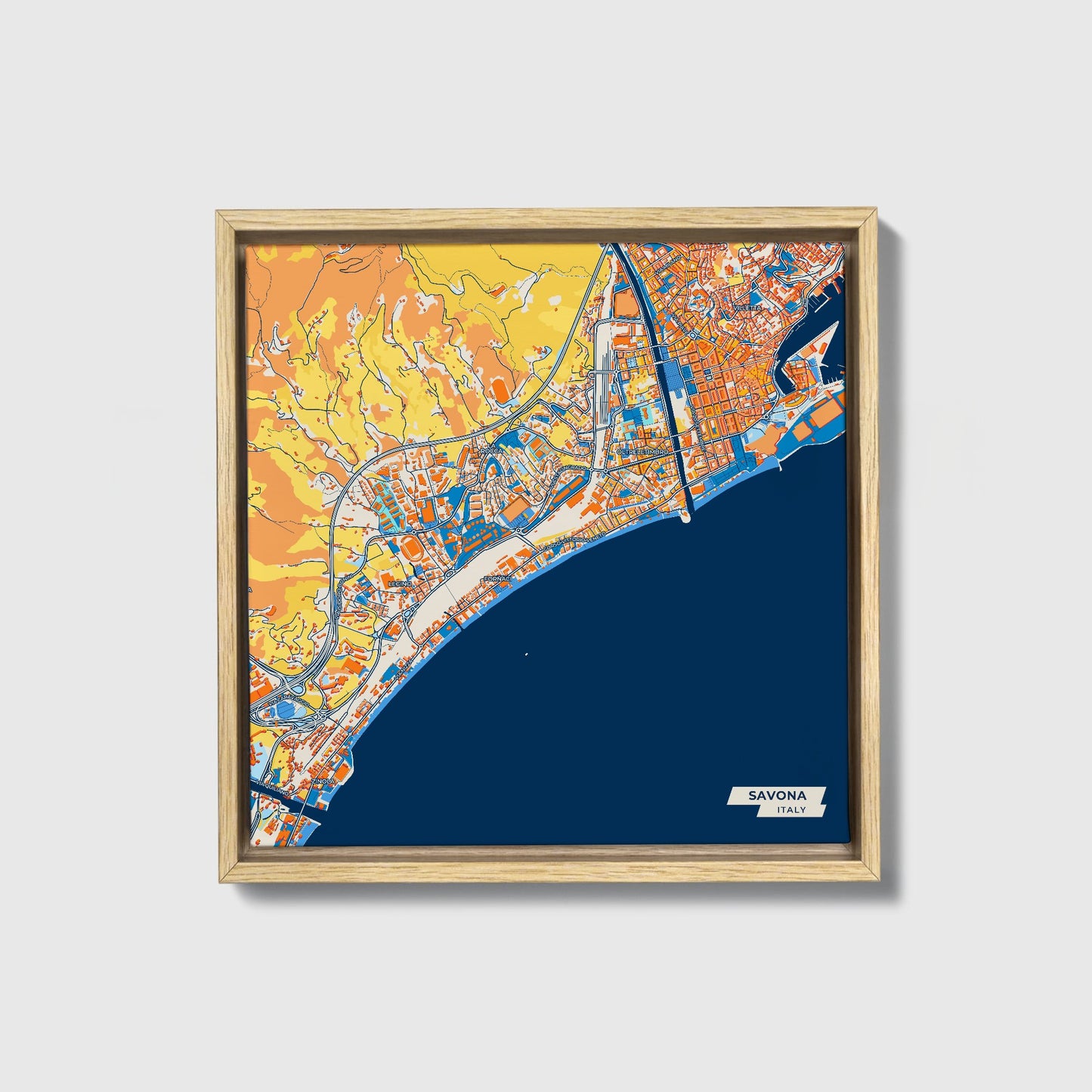 Savona Italy Colorful City Map Canvas Print • Natural Wooden Framed