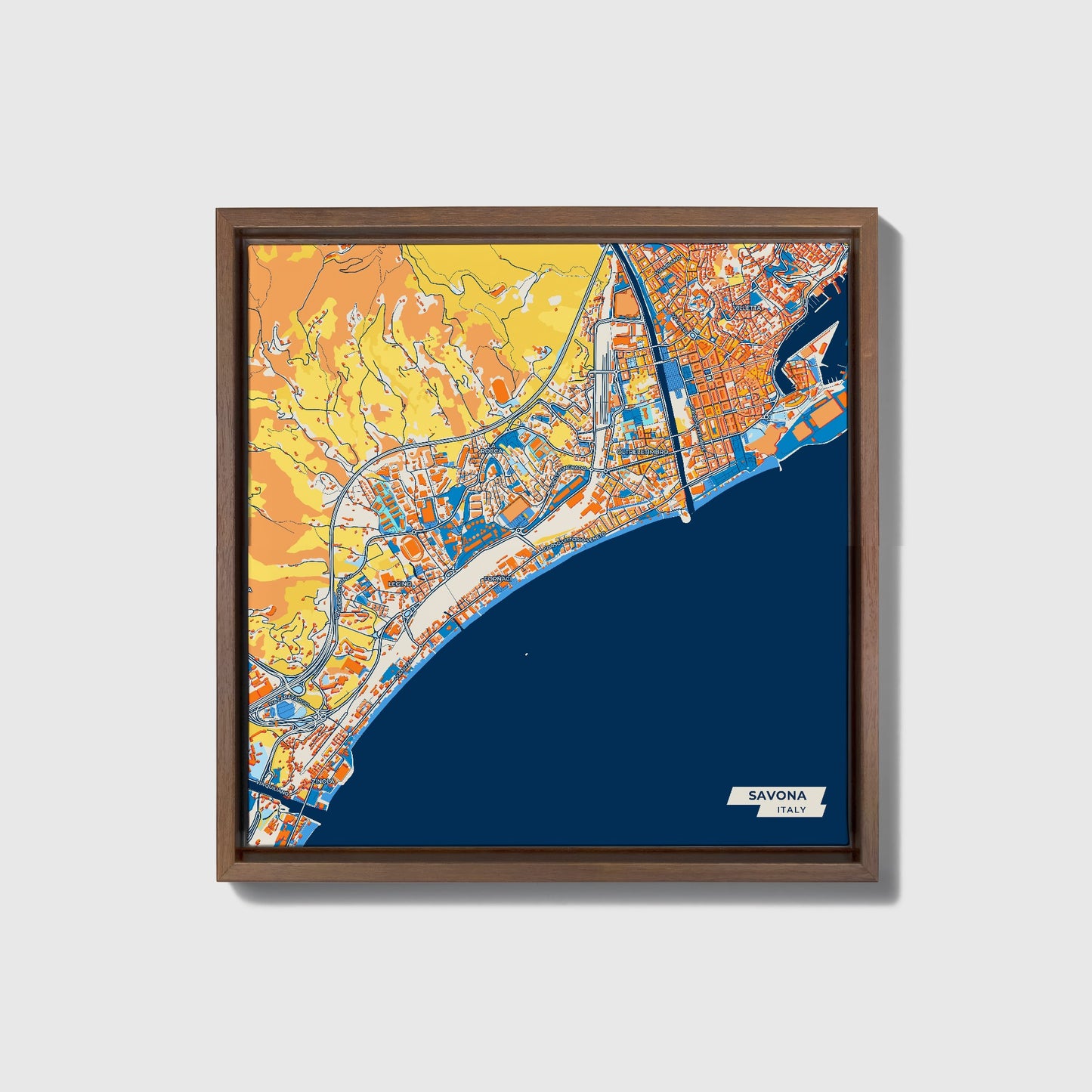 Savona Italy Colorful City Map Canvas Print • Dark Wooden Framed