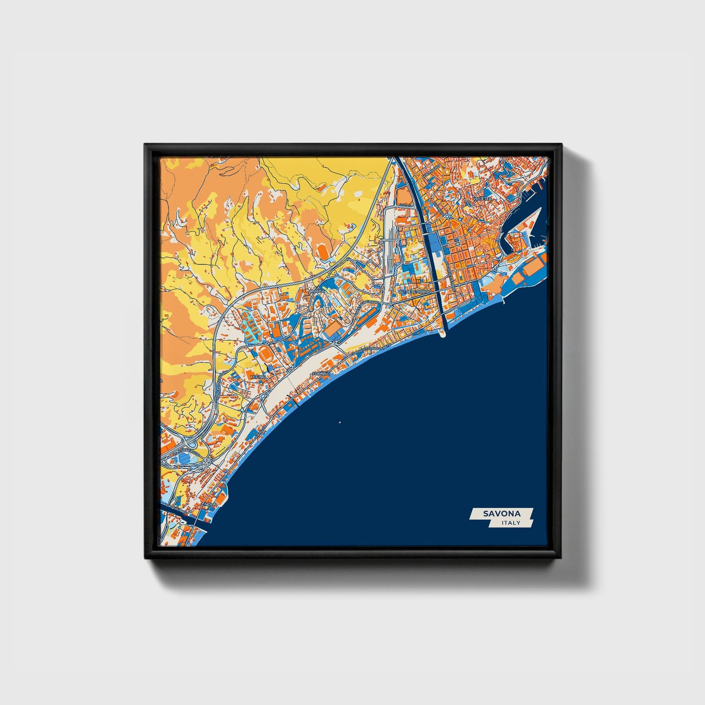 Savona Italy Colorful City Map Canvas Print • Black Framed