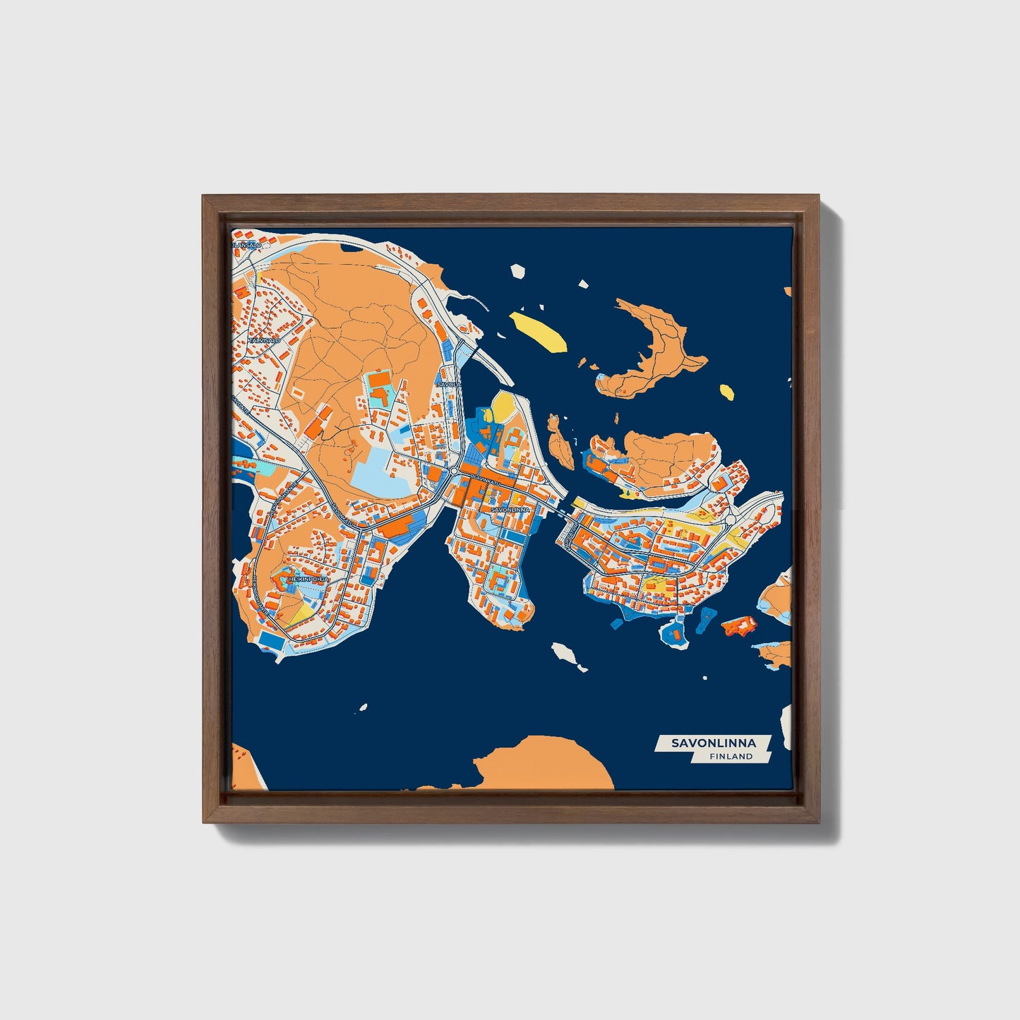 Savonlinna Finland Colorful City Map Canvas Print • Dark Wooden Framed