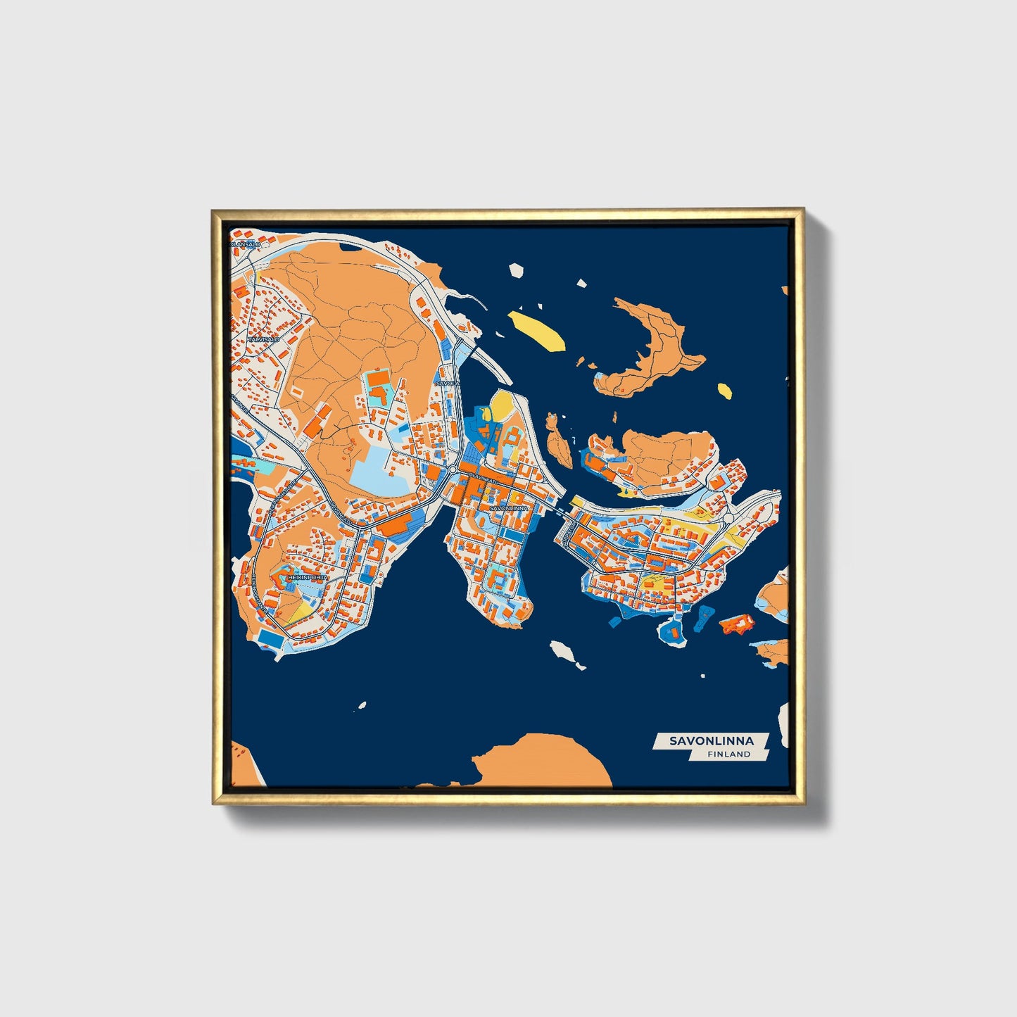Savonlinna Finland Colorful City Map Canvas Print • Gold Framed