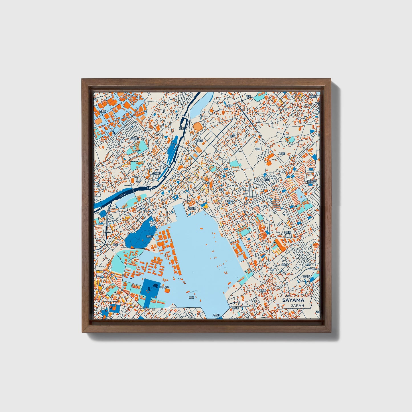 Sayama Japan Colorful City Map Canvas Print • Dark Wooden Framed