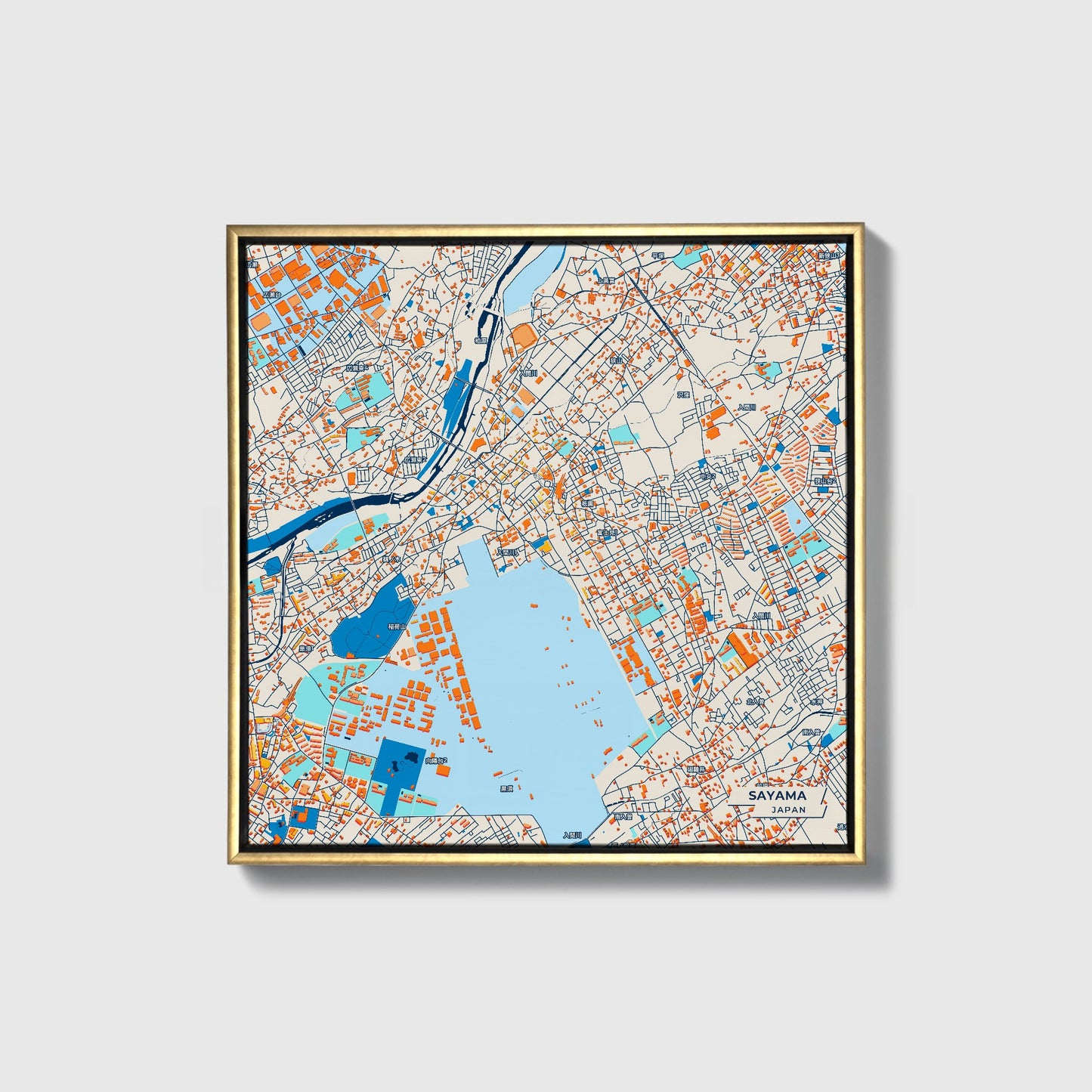 Sayama Japan Colorful City Map Canvas Print • Gold Framed