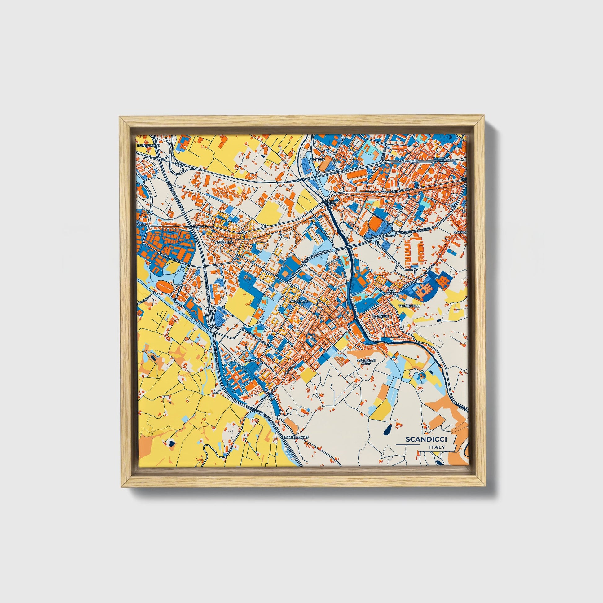 Scandicci Italy Colorful City Map Canvas Print • Natural Wooden Framed