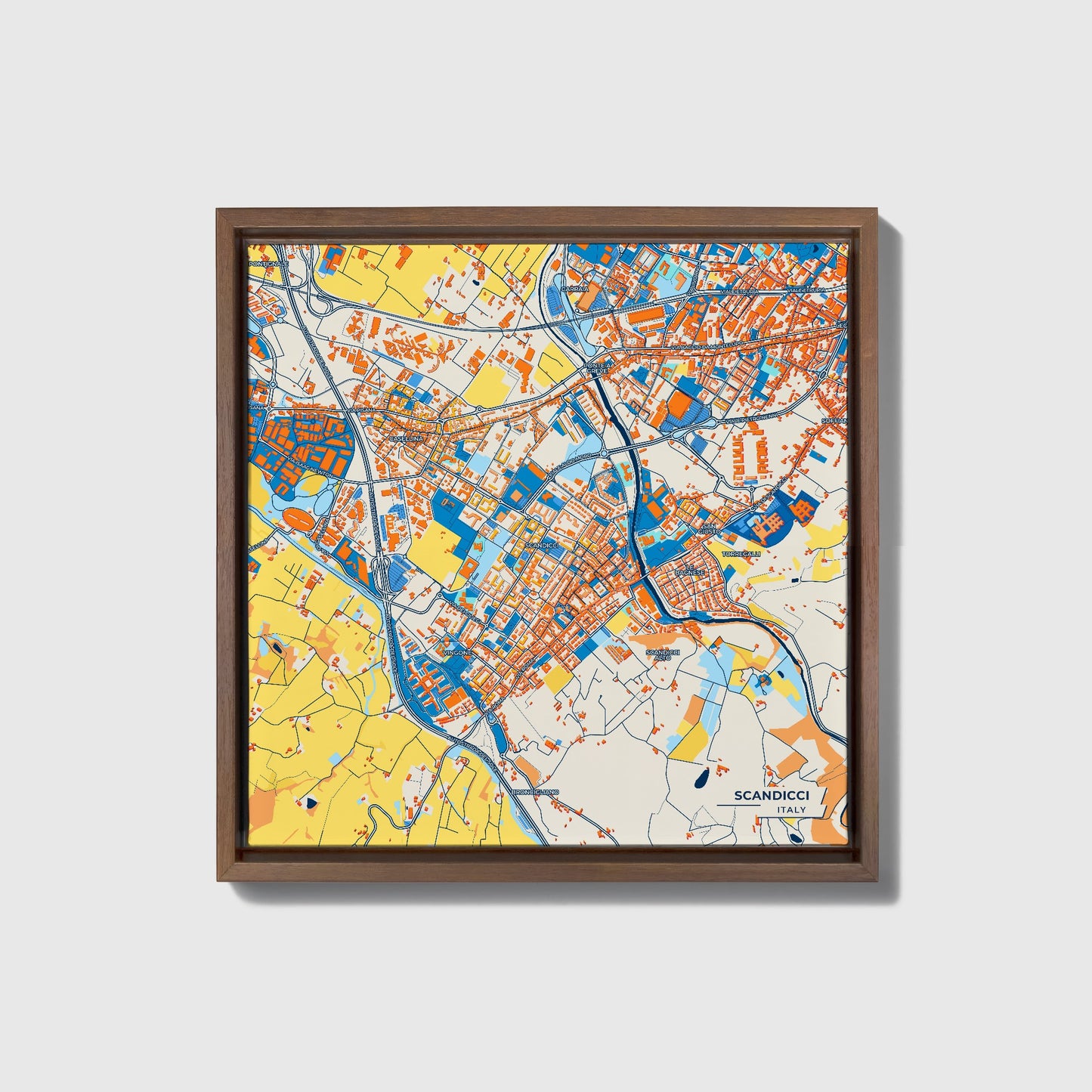 Scandicci Italy Colorful City Map Canvas Print • Dark Wooden Framed