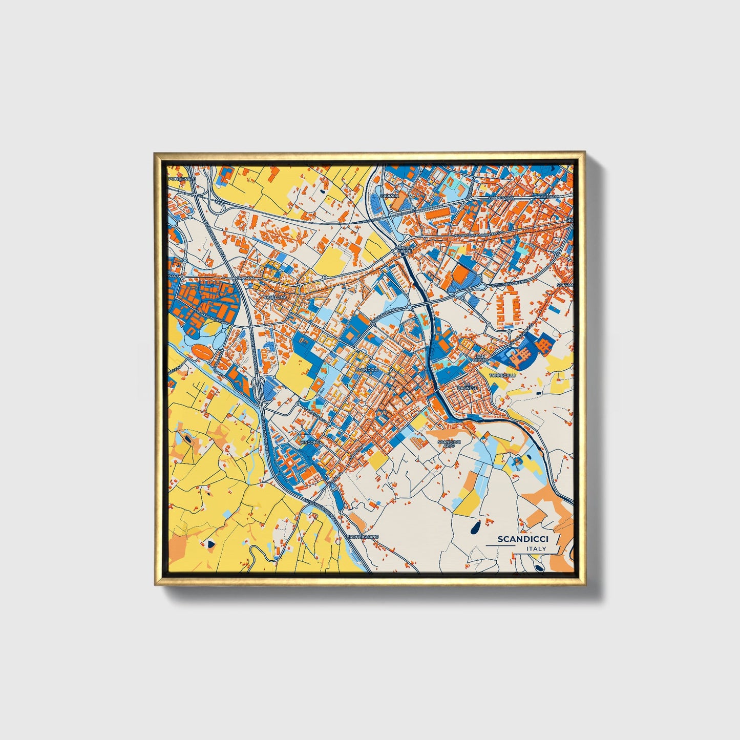 Scandicci Italy Colorful City Map Canvas Print • Gold Framed