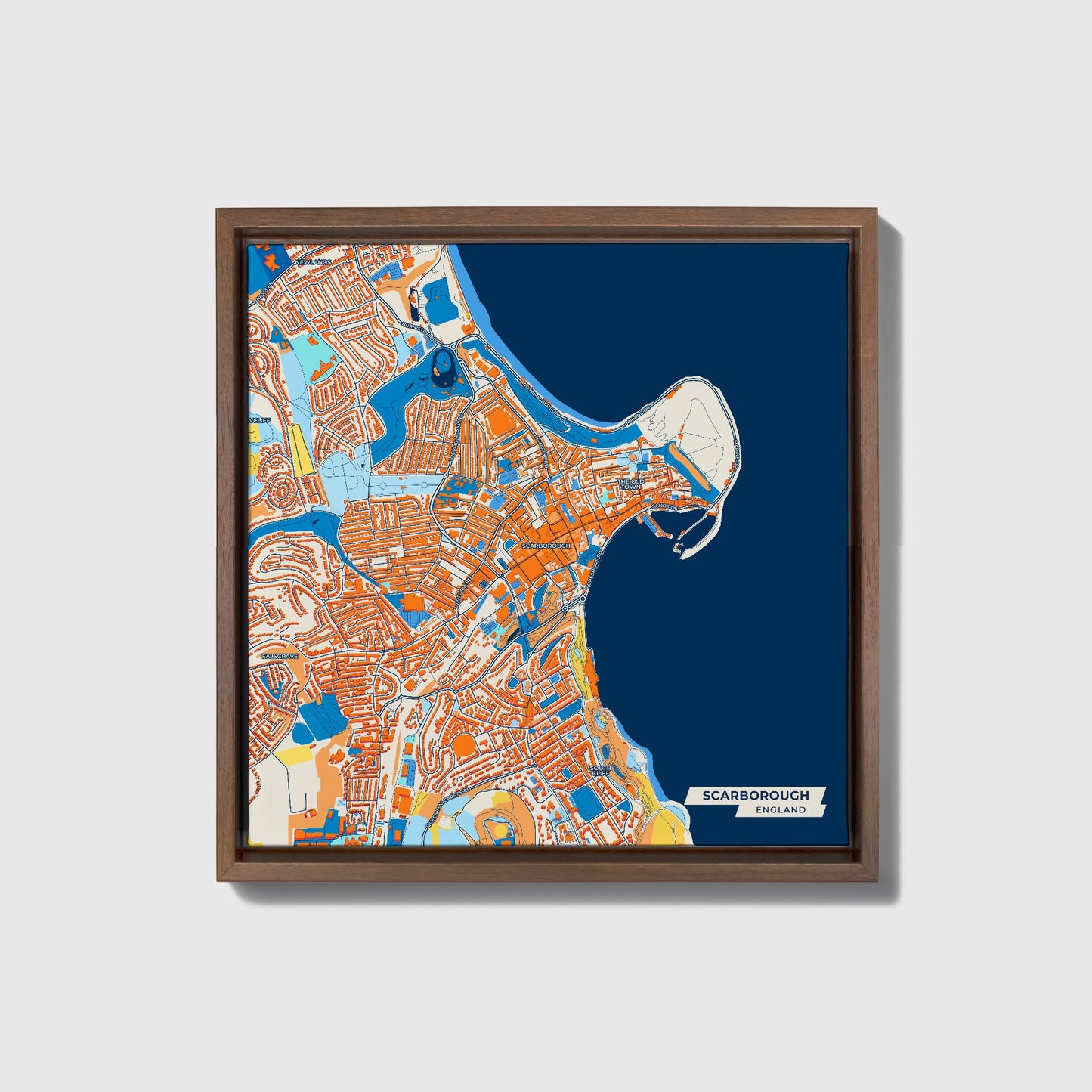 Scarborough England Colorful City Map Canvas Print • Dark Wooden Framed