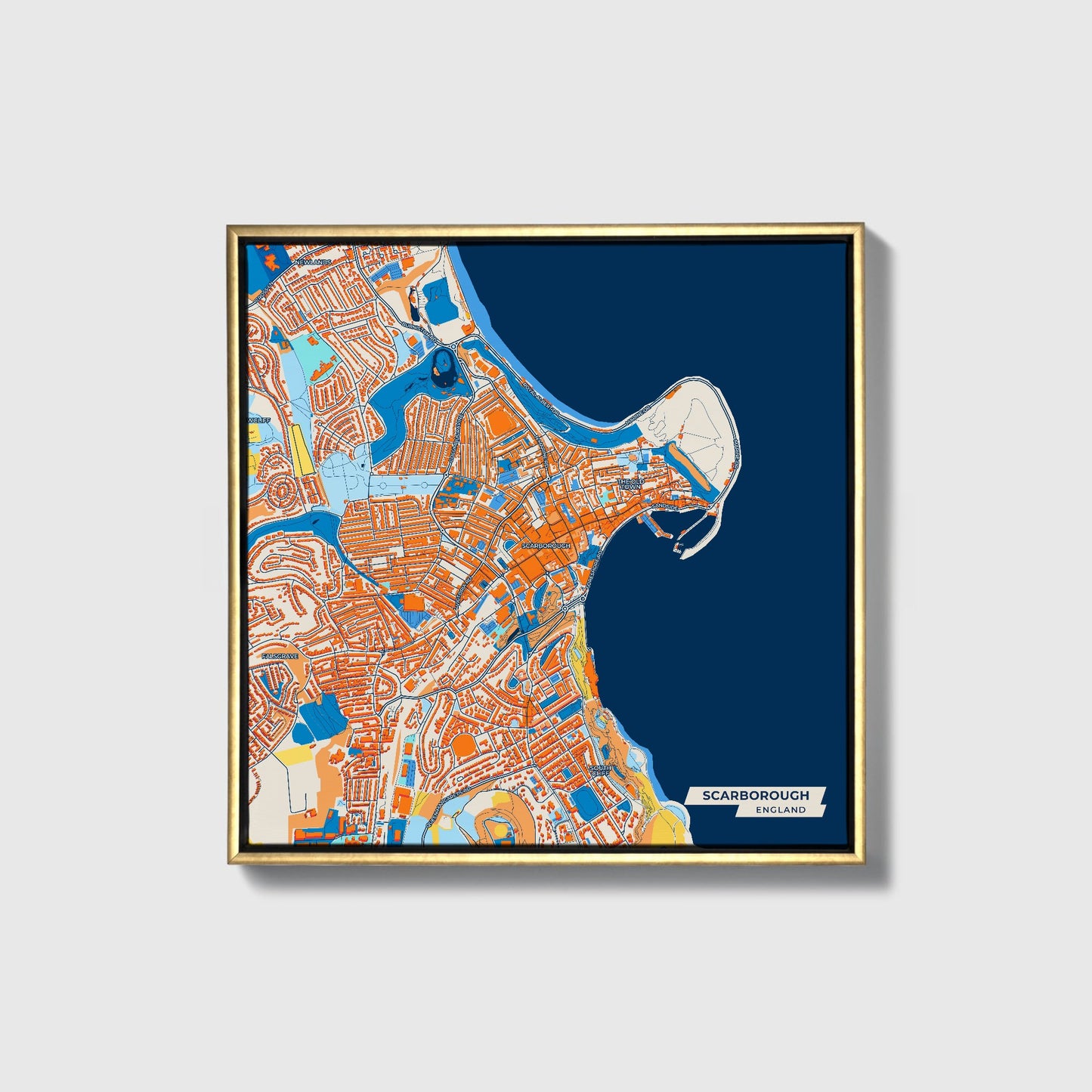 Scarborough England Colorful City Map Canvas Print • Gold Framed