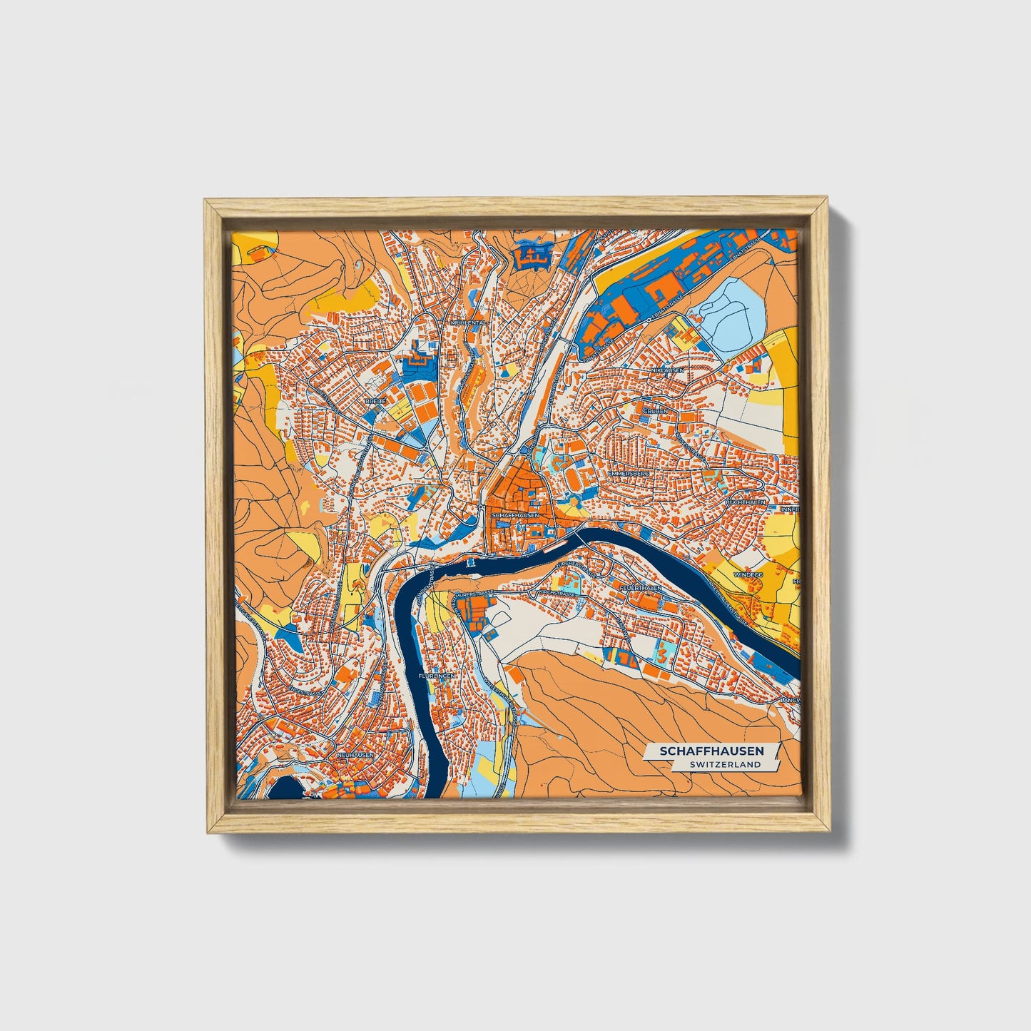 Schaffhausen Switzerland Colorful City Map Canvas Print • Natural Wooden Framed