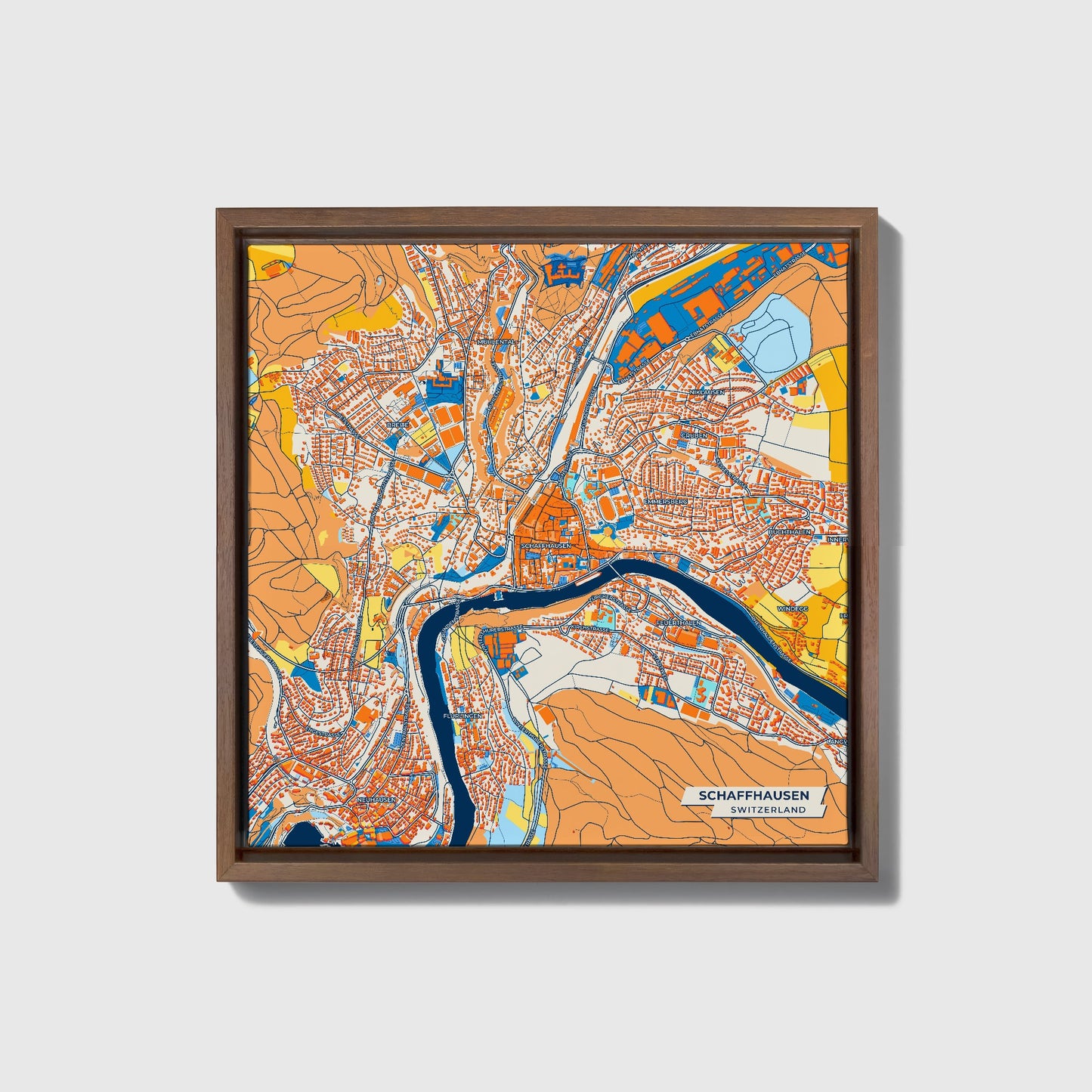 Schaffhausen Switzerland Colorful City Map Canvas Print • Dark Wooden Framed