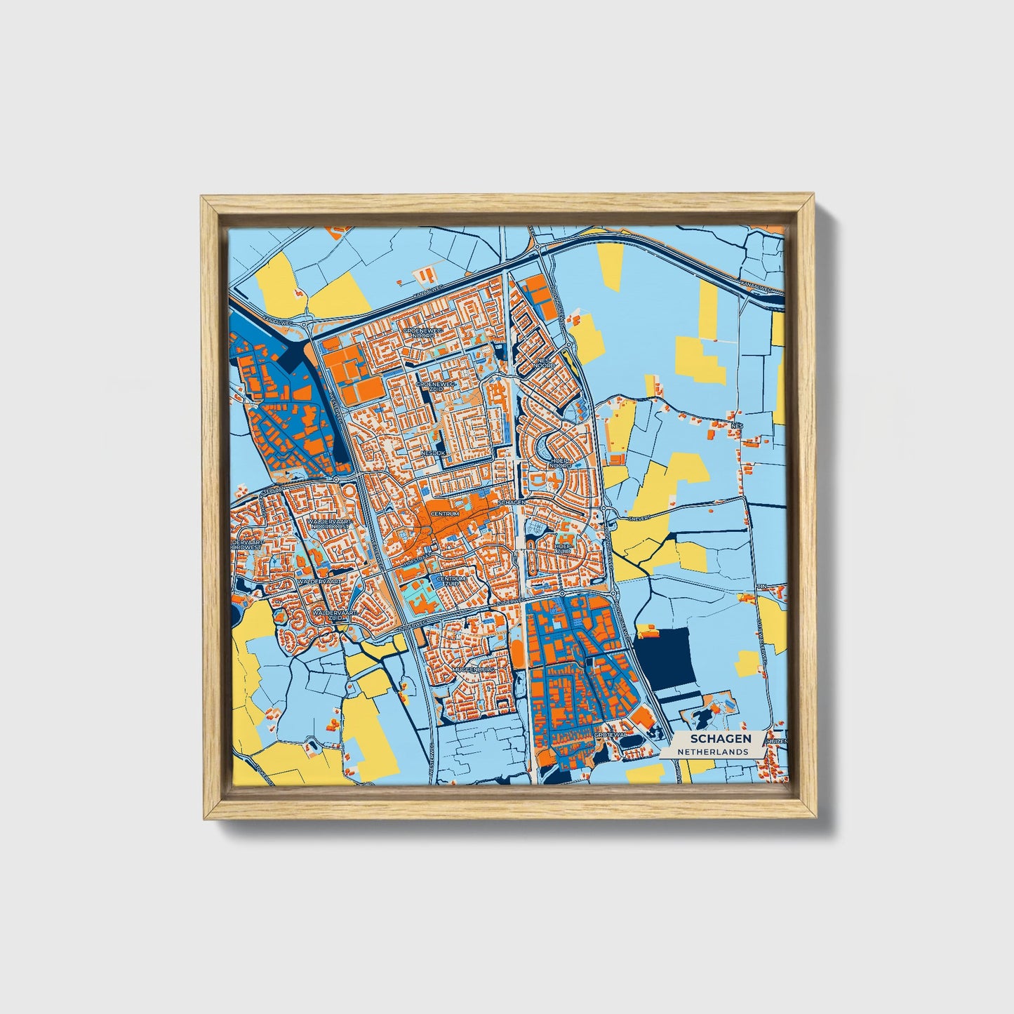 Schagen Netherlands Colorful City Map Canvas Print • Natural Wooden Framed