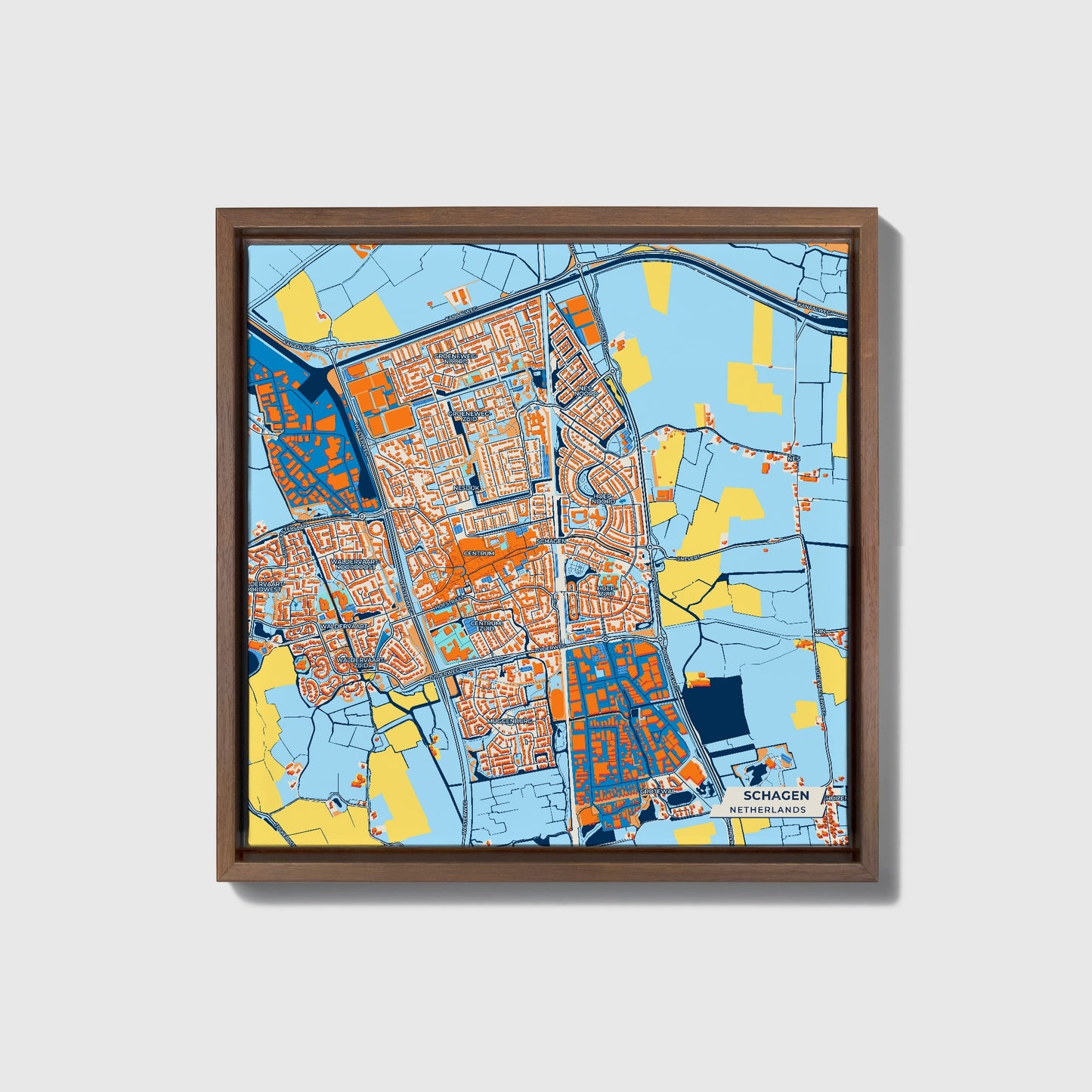 Schagen Netherlands Colorful City Map Canvas Print • Dark Wooden Framed