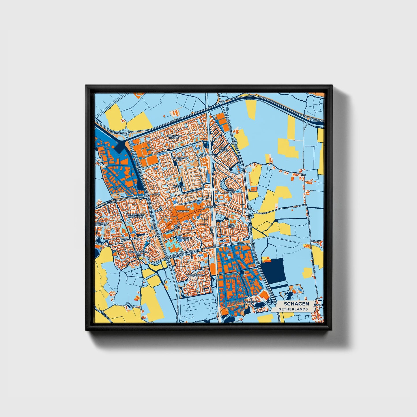 Schagen Netherlands Colorful City Map Canvas Print • Black Framed