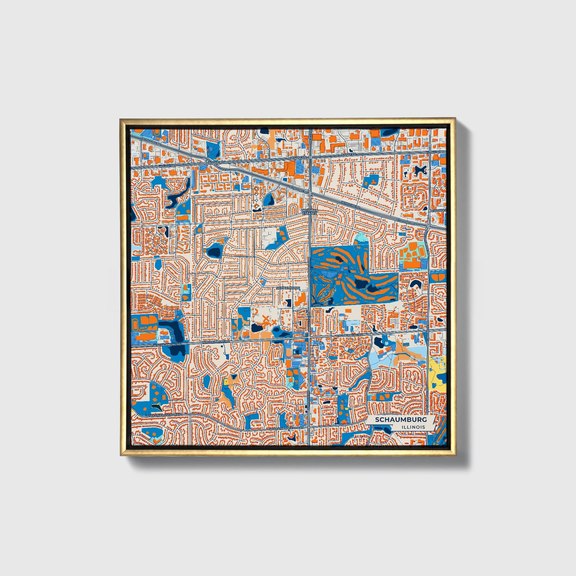 Schaumburg Illinois Colorful City Map Canvas Print • Gold Framed