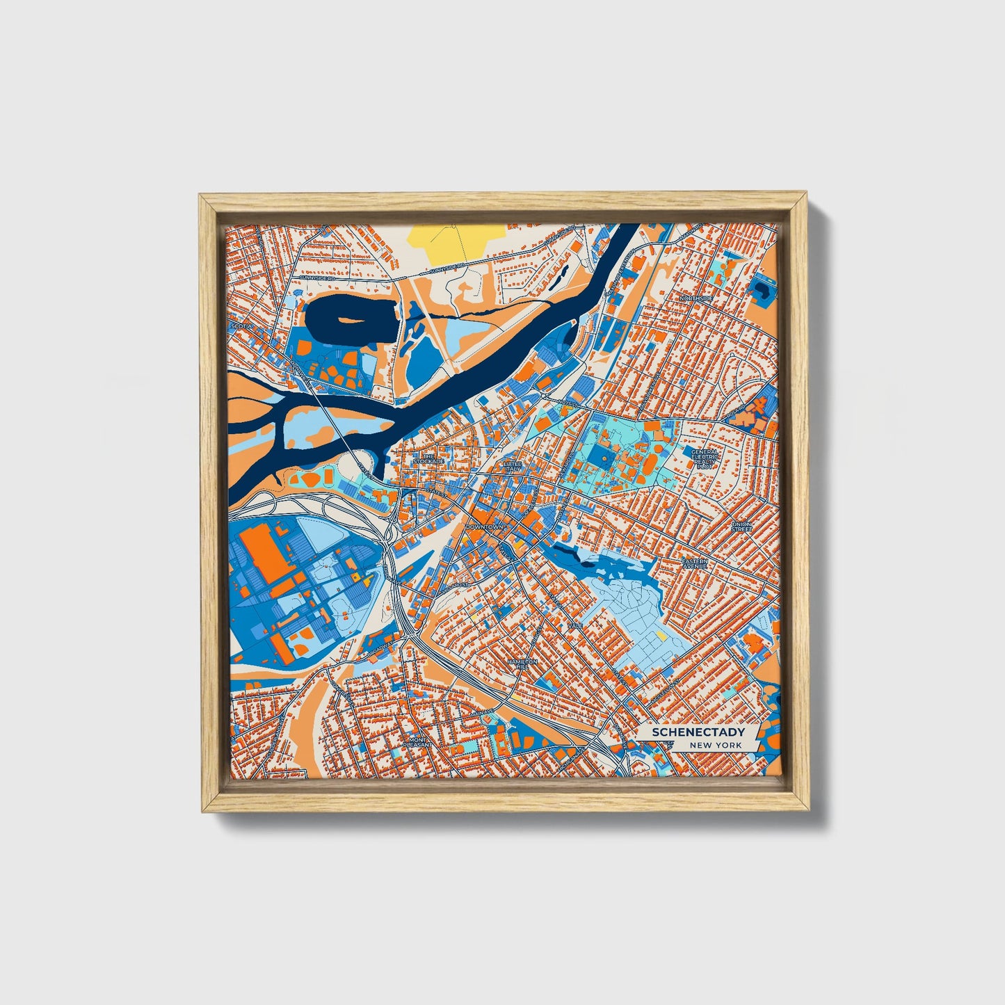 Schenectady New York Colorful City Map Canvas Print • Natural Wooden Framed