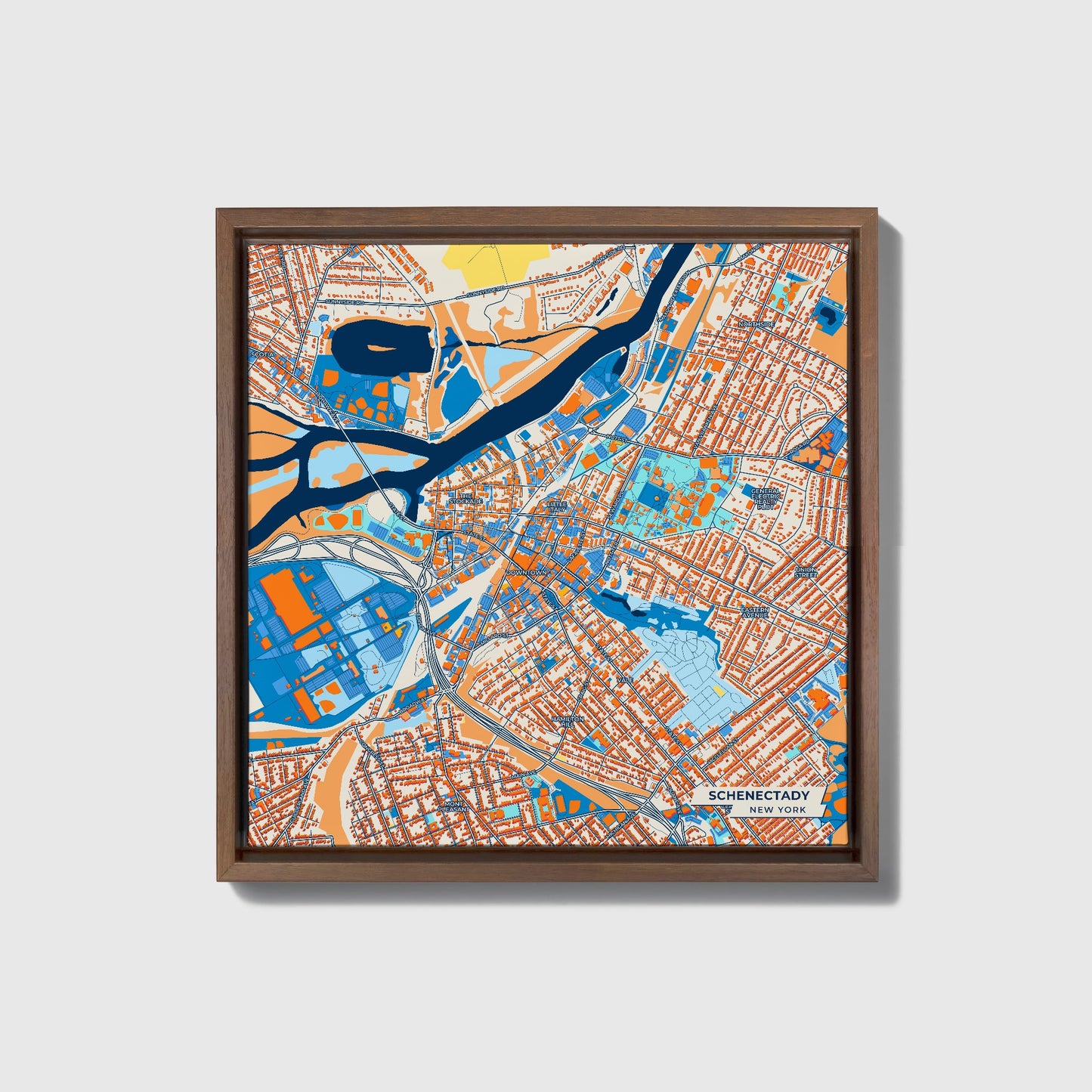 Schenectady New York Colorful City Map Canvas Print • Dark Wooden Framed