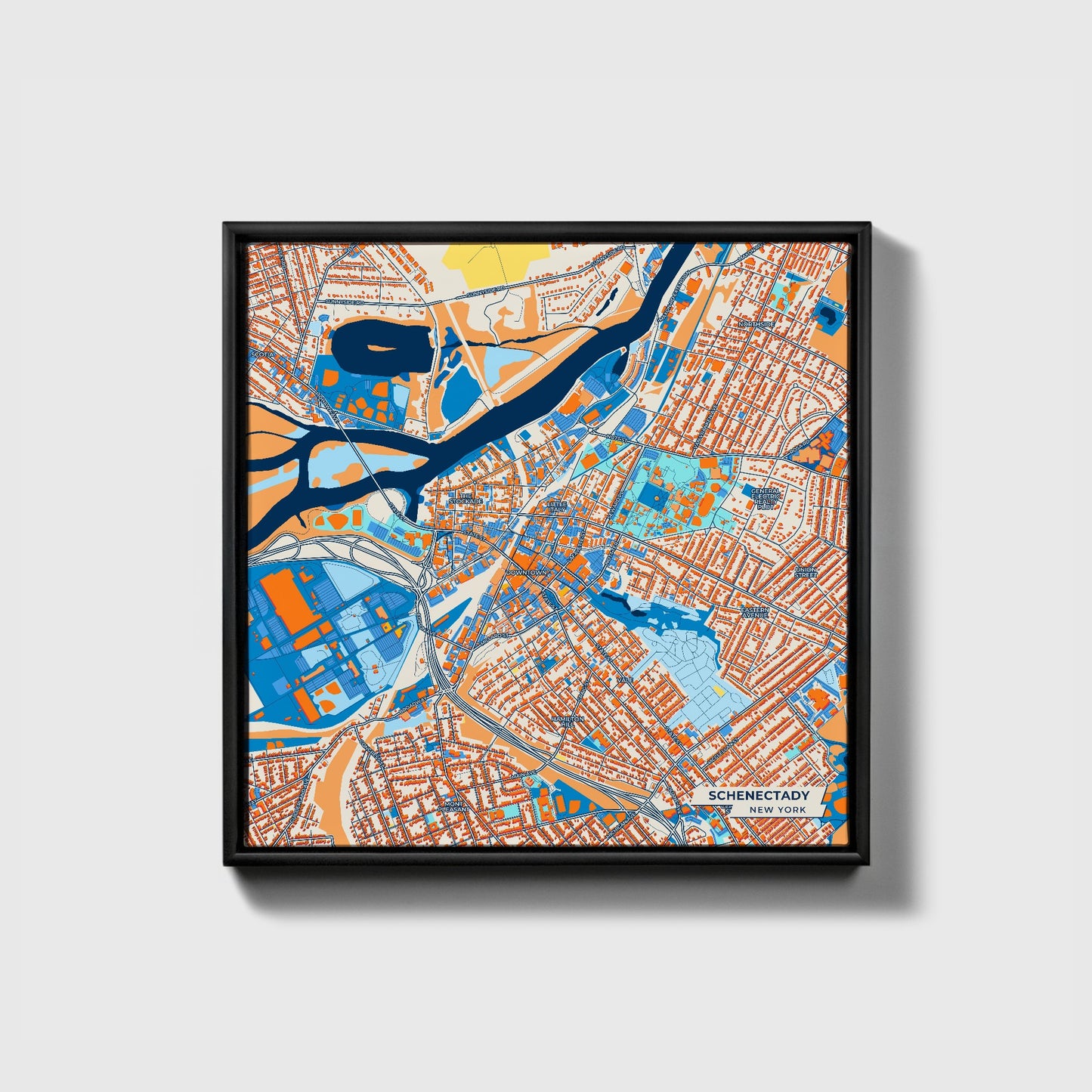 Schenectady New York Colorful City Map Canvas Print • Black Framed