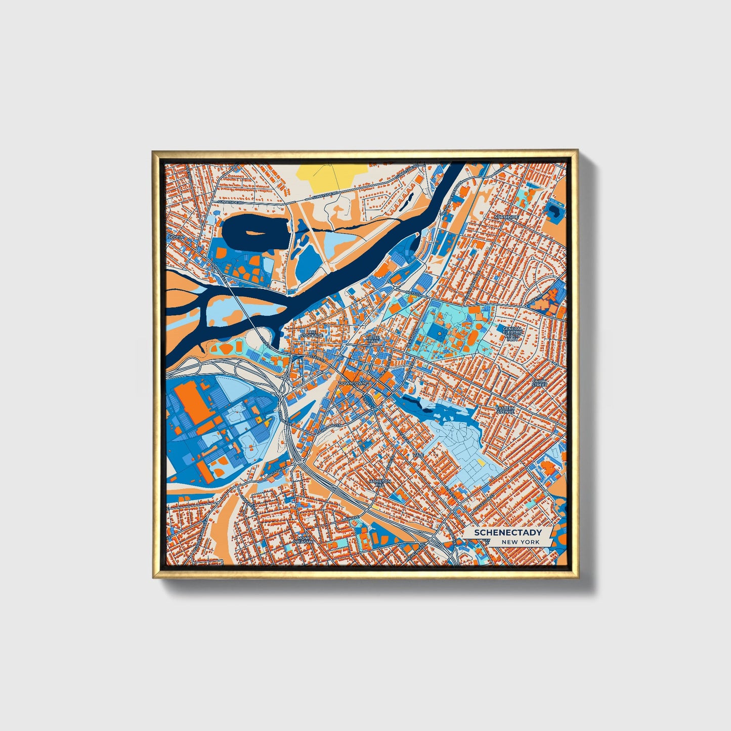 Schenectady New York Colorful City Map Canvas Print • Gold Framed