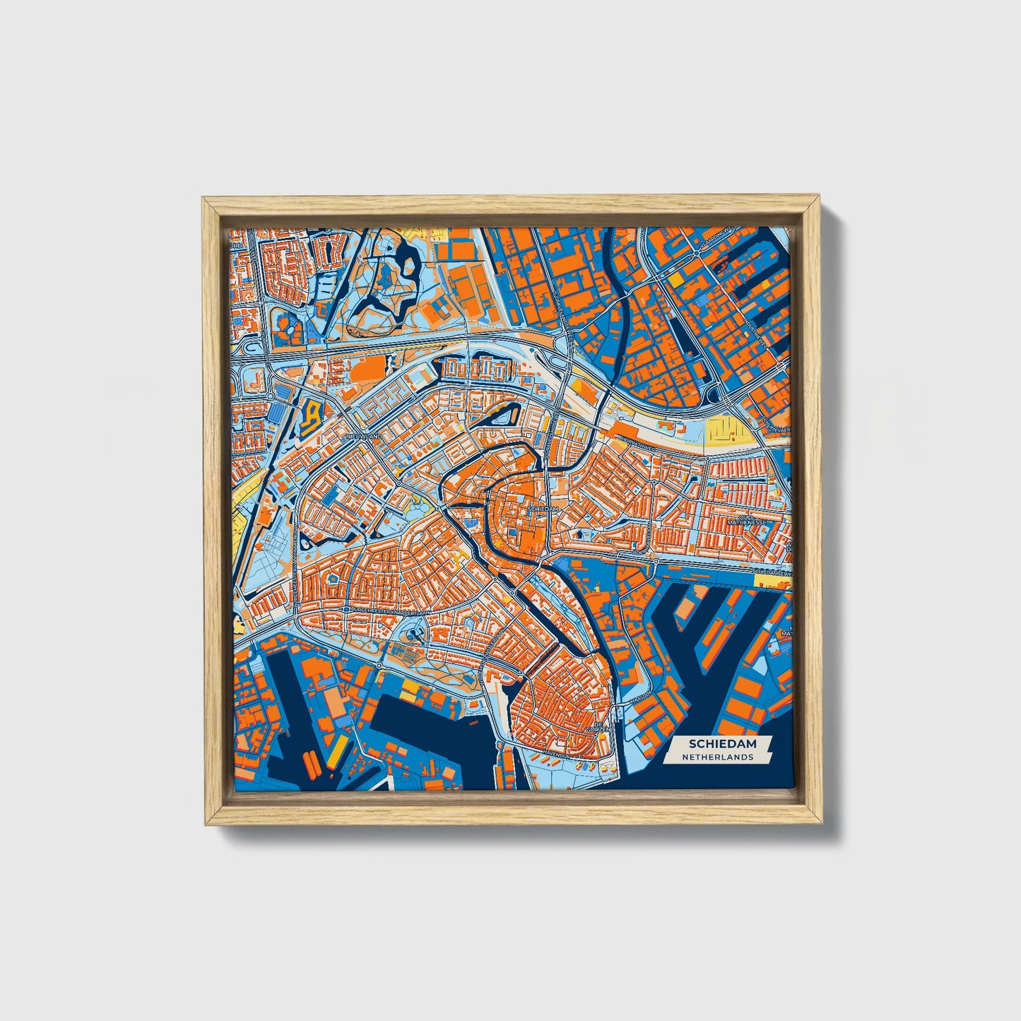 Schiedam Netherlands Colorful City Map Canvas Print • Natural Wooden Framed