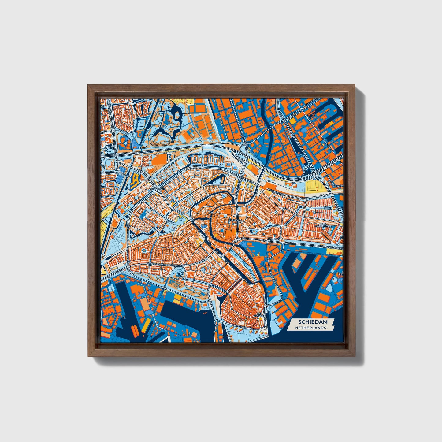 Schiedam Netherlands Colorful City Map Canvas Print • Dark Wooden Framed