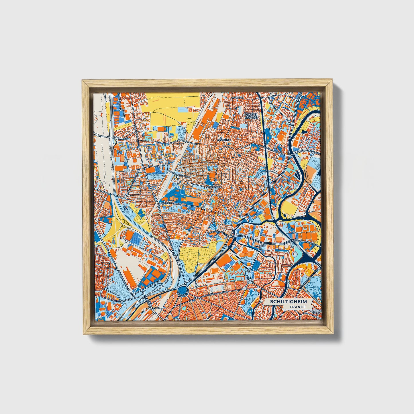 Schiltigheim France Colorful City Map Canvas Print • Natural Wooden Framed
