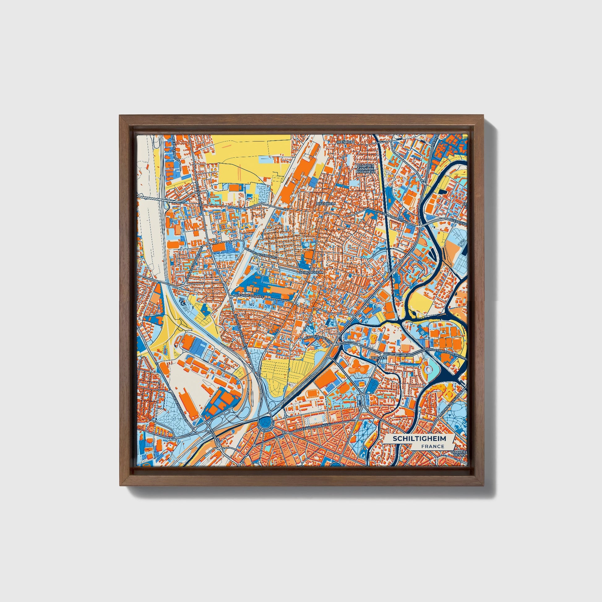 Schiltigheim France Colorful City Map Canvas Print • Dark Wooden Framed