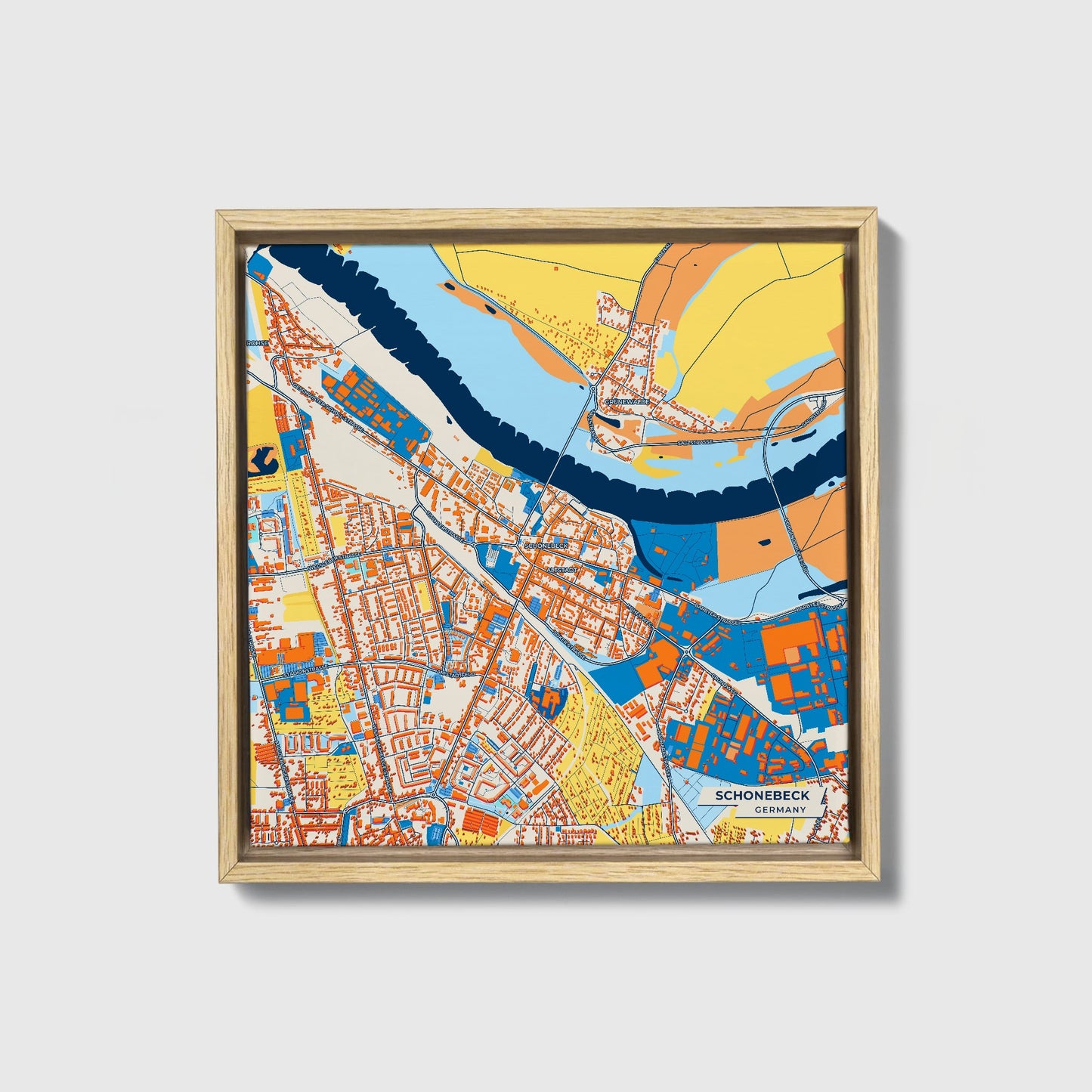 Schönebeck Germany Colorful City Map Canvas Print • Natural Wooden Framed