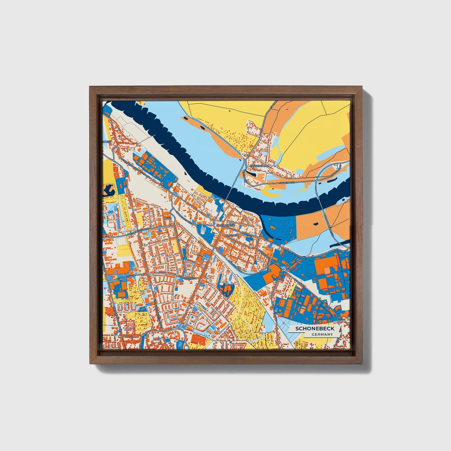 Schönebeck Germany Colorful City Map Canvas Print • Dark Wooden Framed