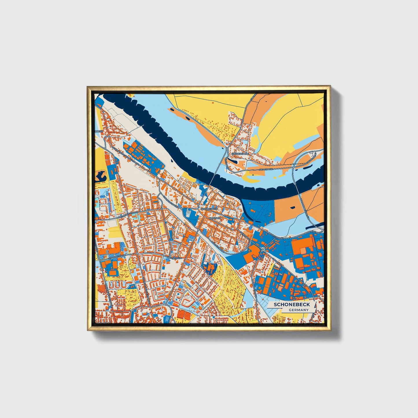 Schönebeck Germany Colorful City Map Canvas Print • Gold Framed