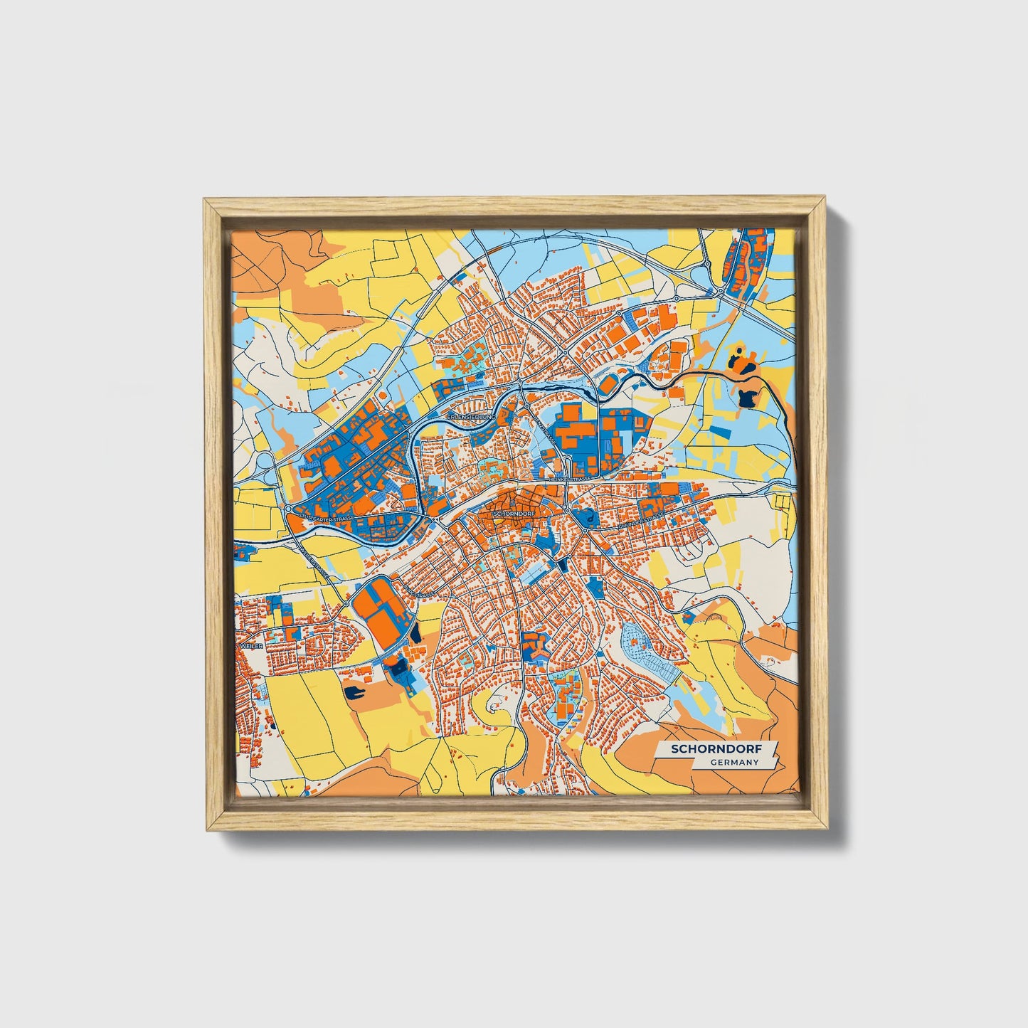 Schorndorf Germany Colorful City Map Canvas Print • Natural Wooden Framed