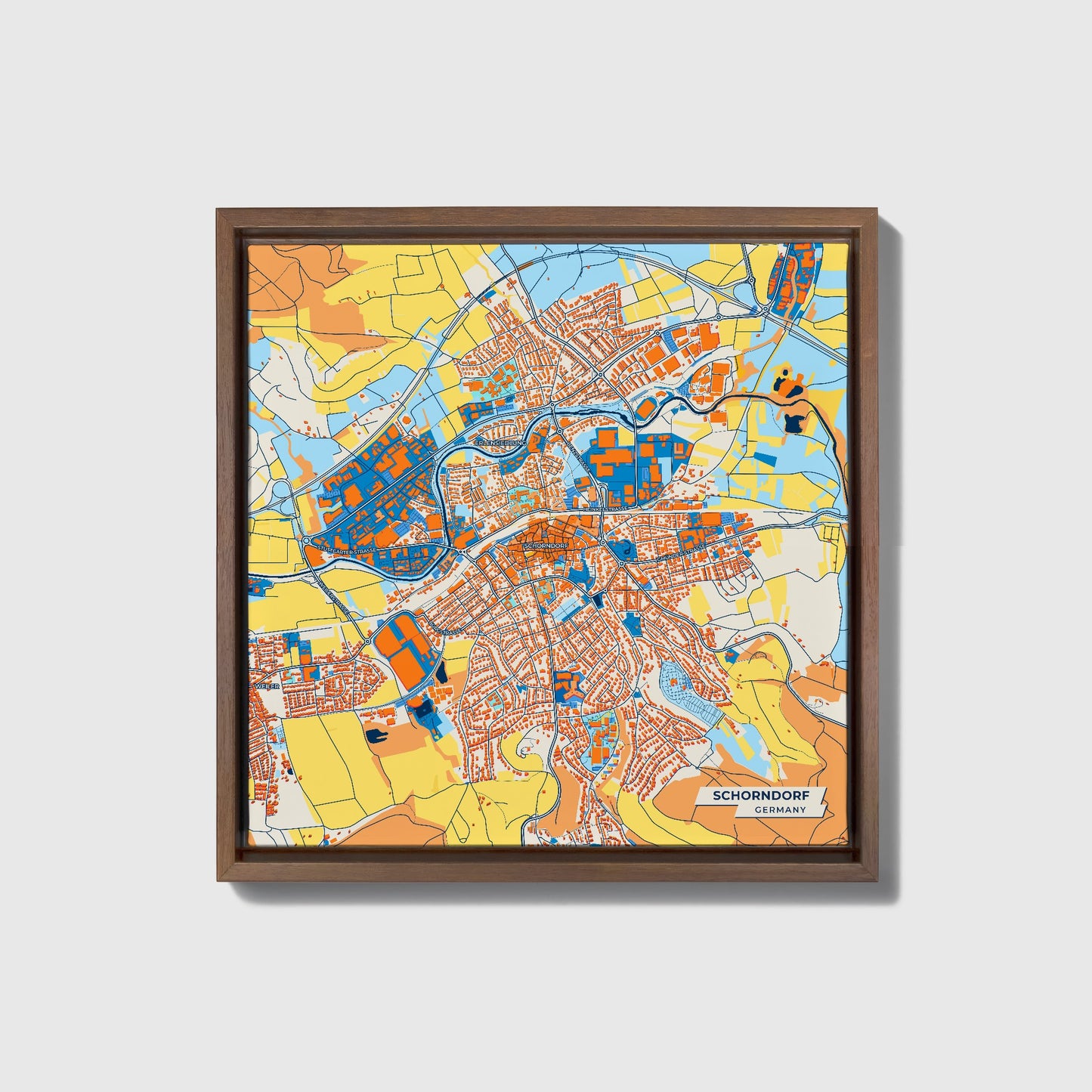Schorndorf Germany Colorful City Map Canvas Print • Dark Wooden Framed