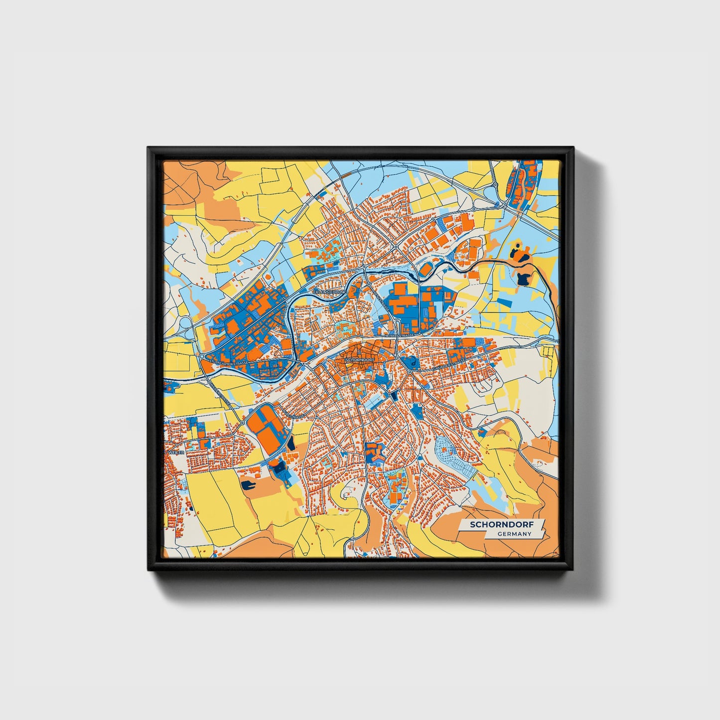 Schorndorf Germany Colorful City Map Canvas Print • Black Framed