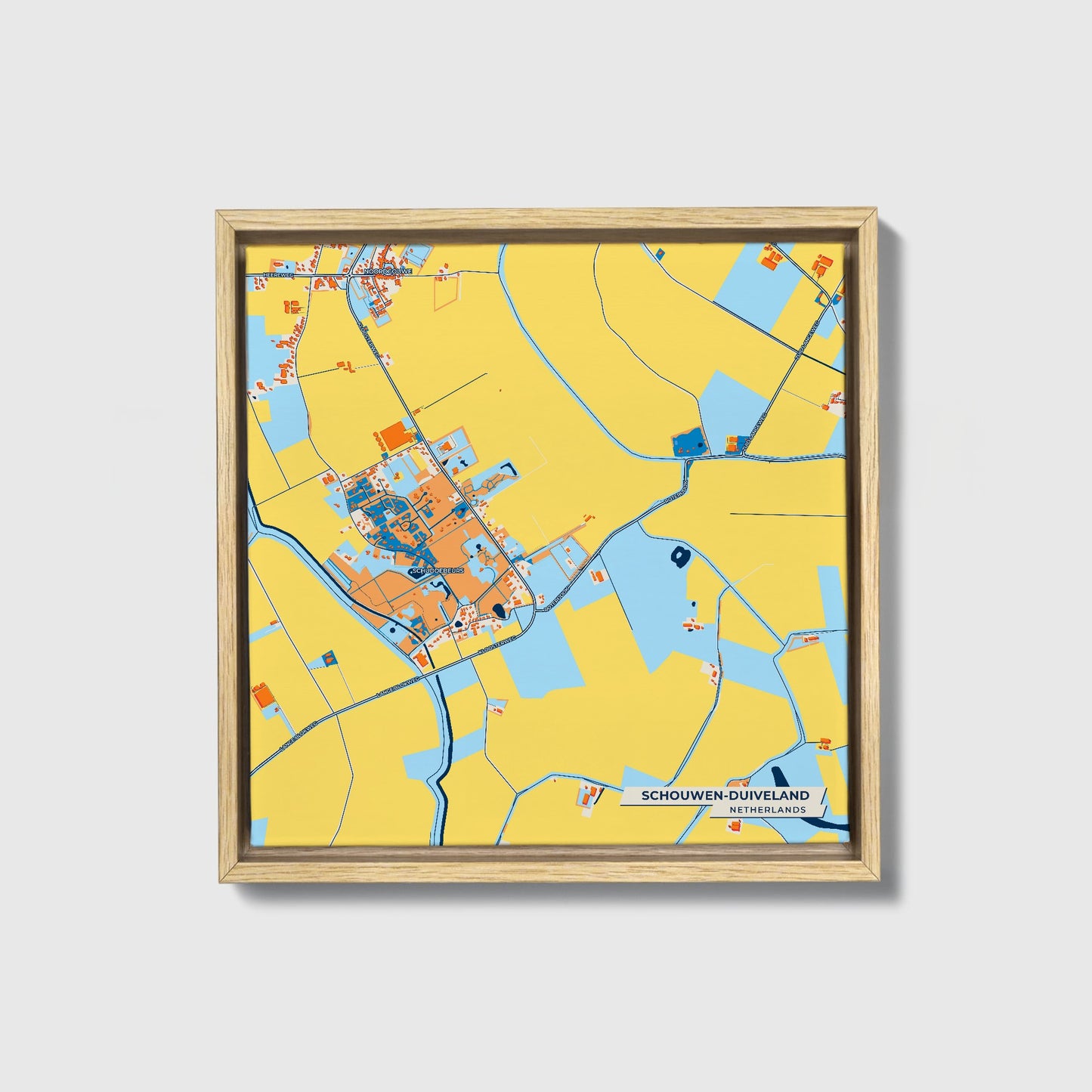 Schouwen-Duiveland Netherlands Colorful City Map Canvas Print • Natural Wooden Framed