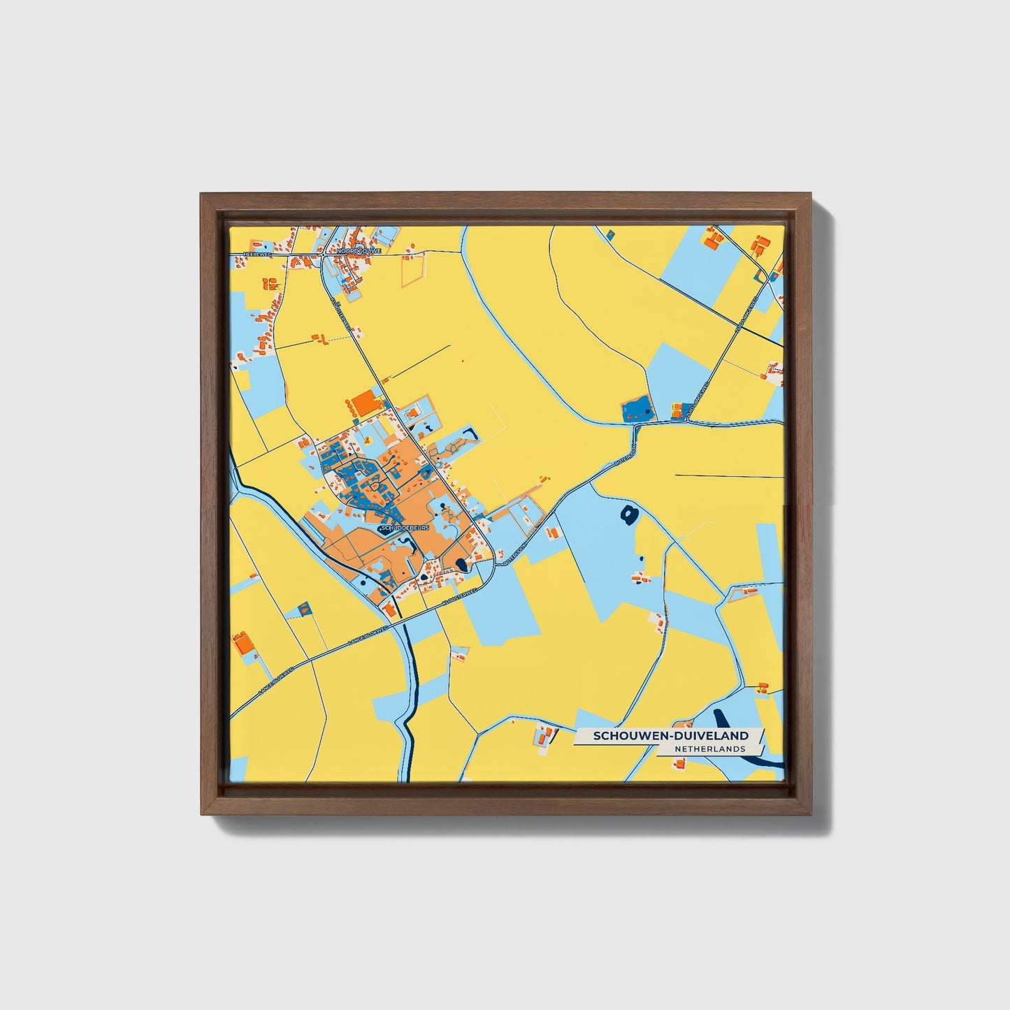 Schouwen-Duiveland Netherlands Colorful City Map Canvas Print • Dark Wooden Framed