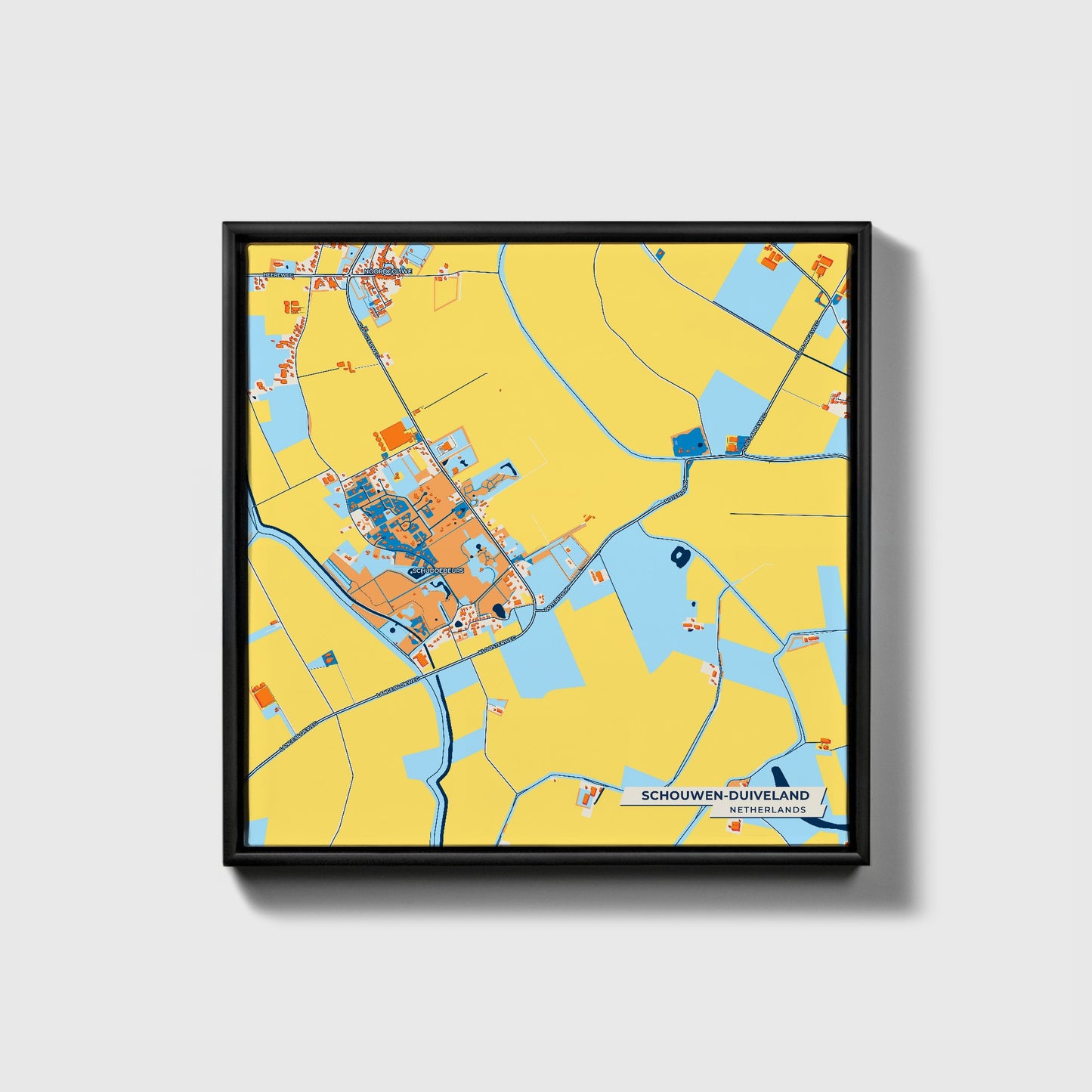 Schouwen-Duiveland Netherlands Colorful City Map Canvas Print • Black Framed