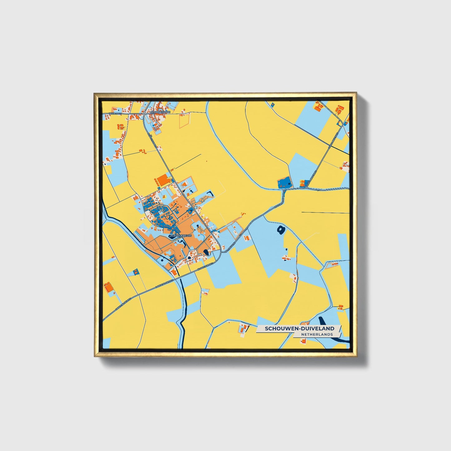 Schouwen-Duiveland Netherlands Colorful City Map Canvas Print • Gold Framed