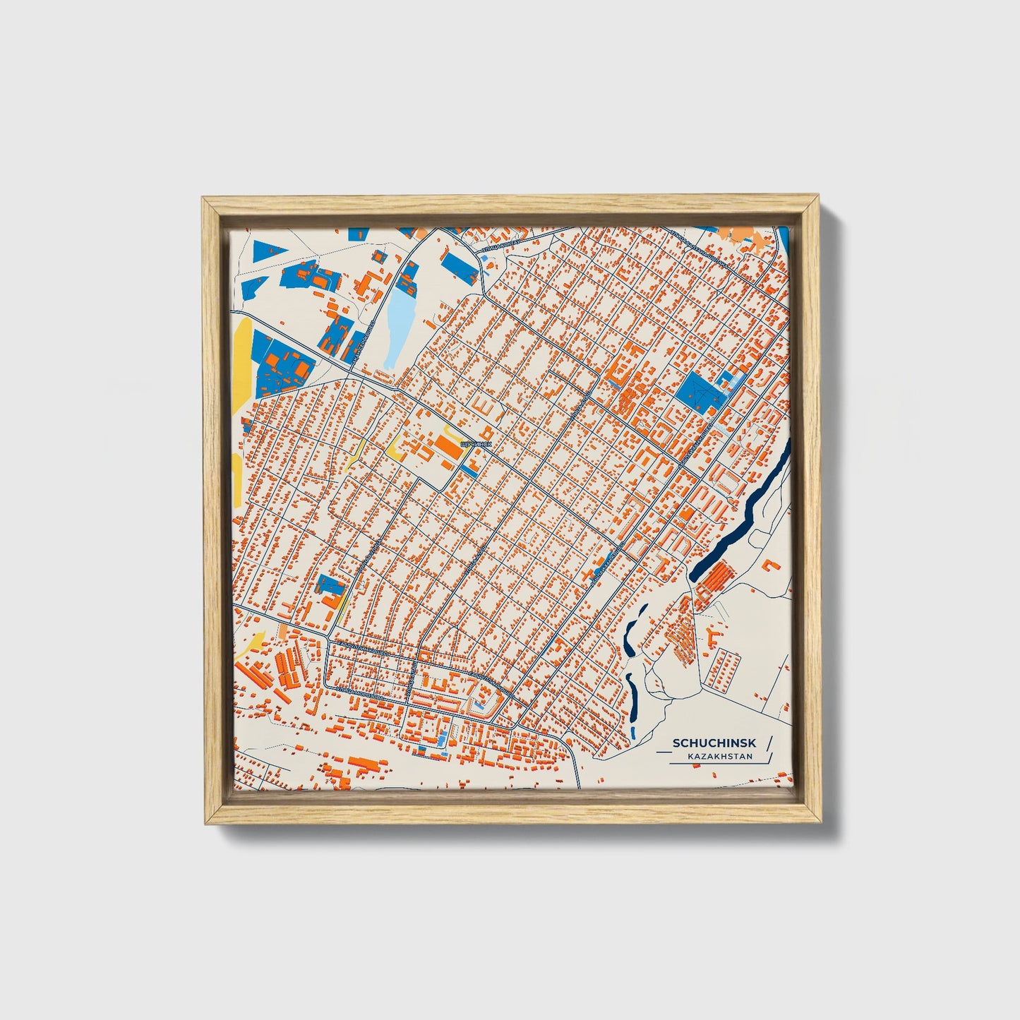 Schuchinsk Kazakhstan Colorful City Map Canvas Print • Natural Wooden Framed