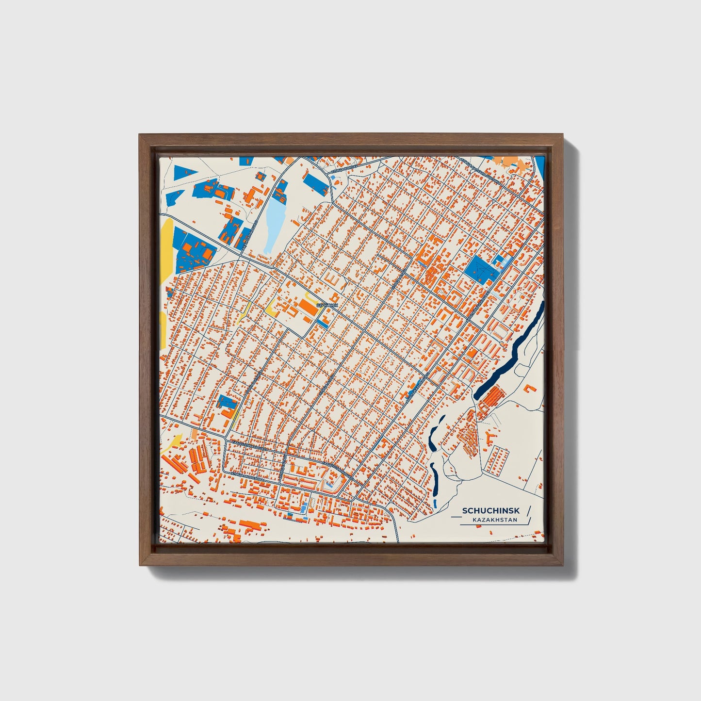 Schuchinsk Kazakhstan Colorful City Map Canvas Print • Dark Wooden Framed